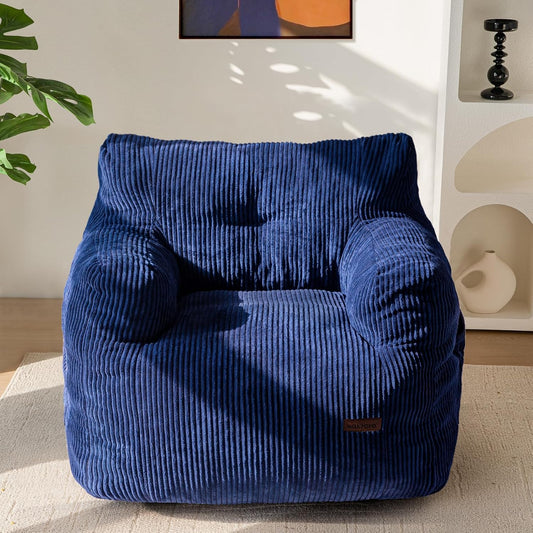MAXYOYO Bean Bag Chair, Tufted Bean Bag Couch Lazy Chair, Living Room Sofa Couch with Filler for Adult Teens Kids, Corded Fabric Accent Sofa for Bedroom Dorm, Navy