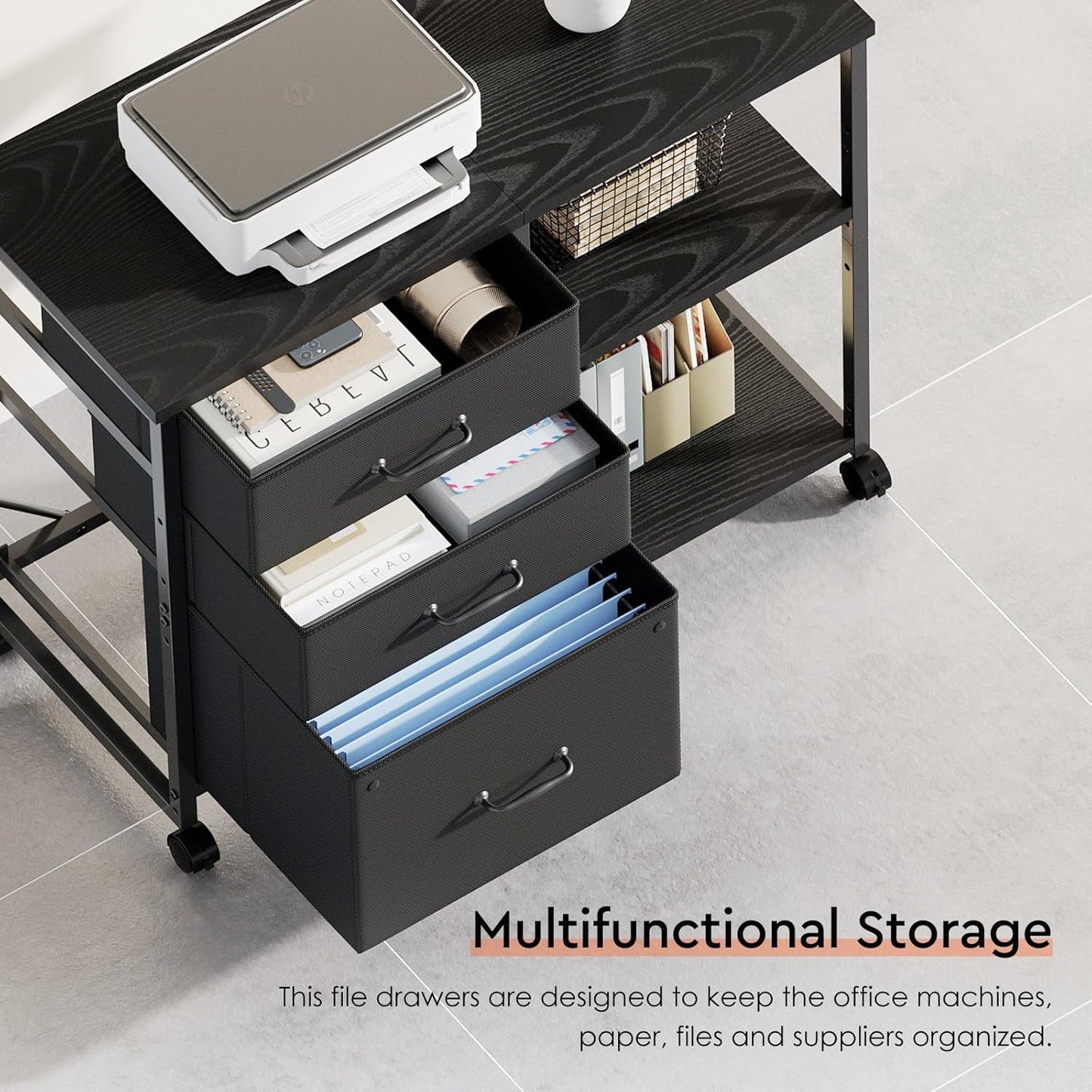 3 Drawer File Cabinet with Wheels Rolling Printer Stand with Open Storage Shelf Fabric Lateral Filing Cabinet for Home Office,Black