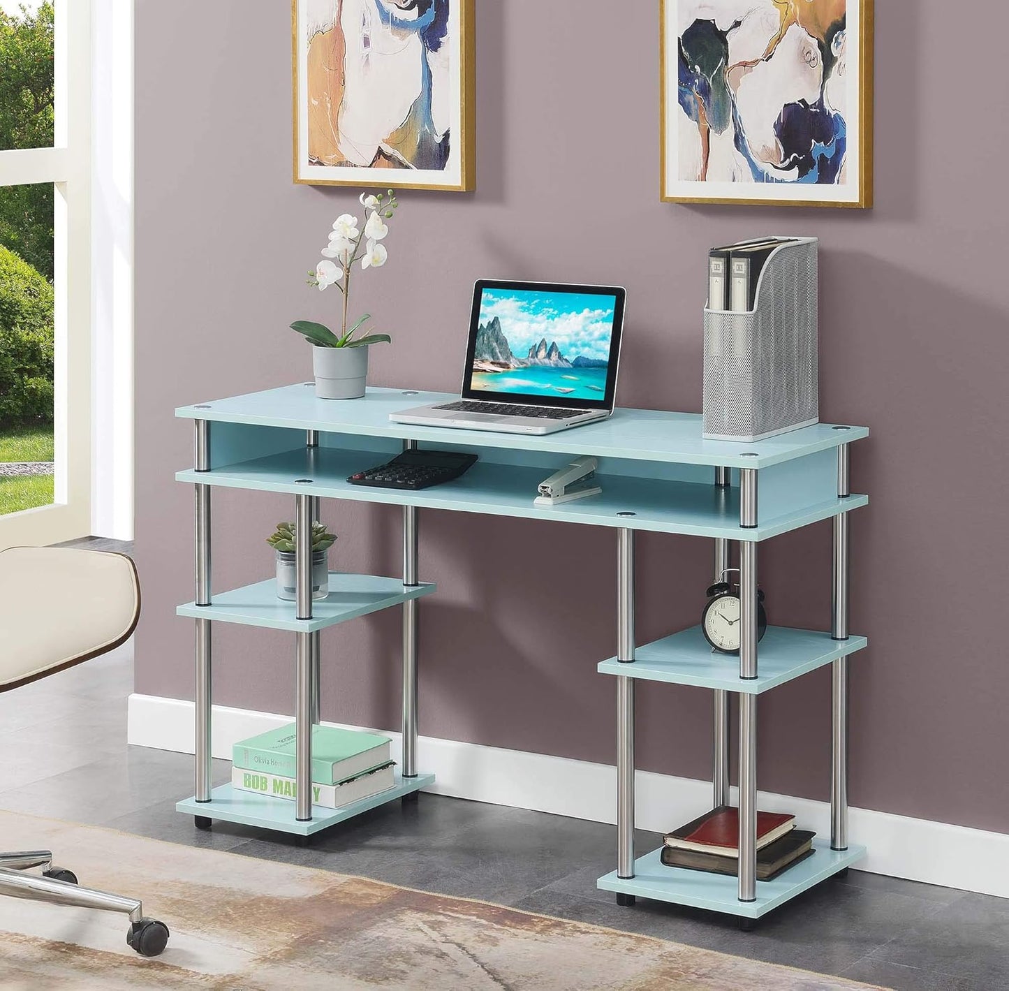 Convenience Concepts Designs2Go No Tools Desk Home Office Desk with Shelves, Corner Shelf Vanity Desk Computer Desk Nail Table for Nail Tech - 47.25" L x 15.75" W x 30" H, Sea Foam