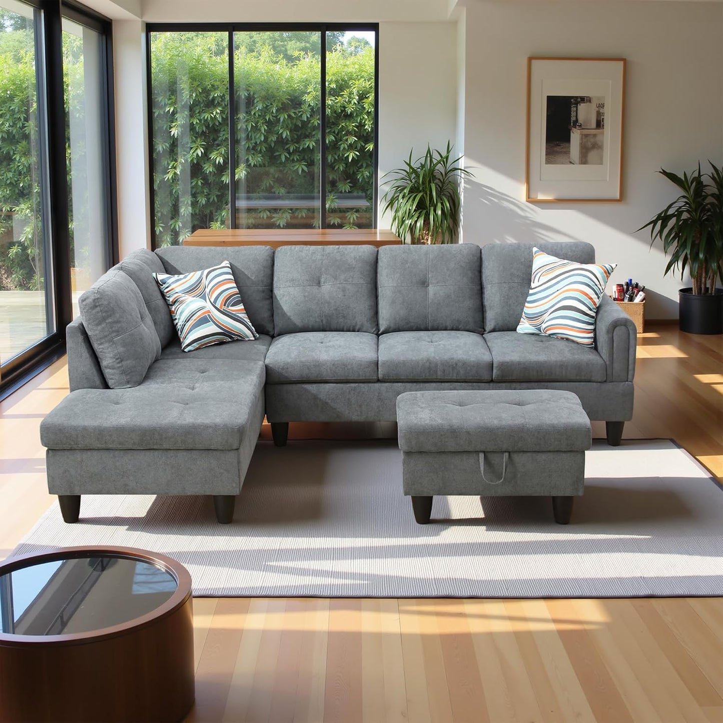 97" Oversized Sectional Couch, L Shaped Couch with Storage Ottoman, Modern Modular Sofa with Deep Seat, Sectional Couches for Living Room and Office, Dark Grey (Fluffy Fabric)