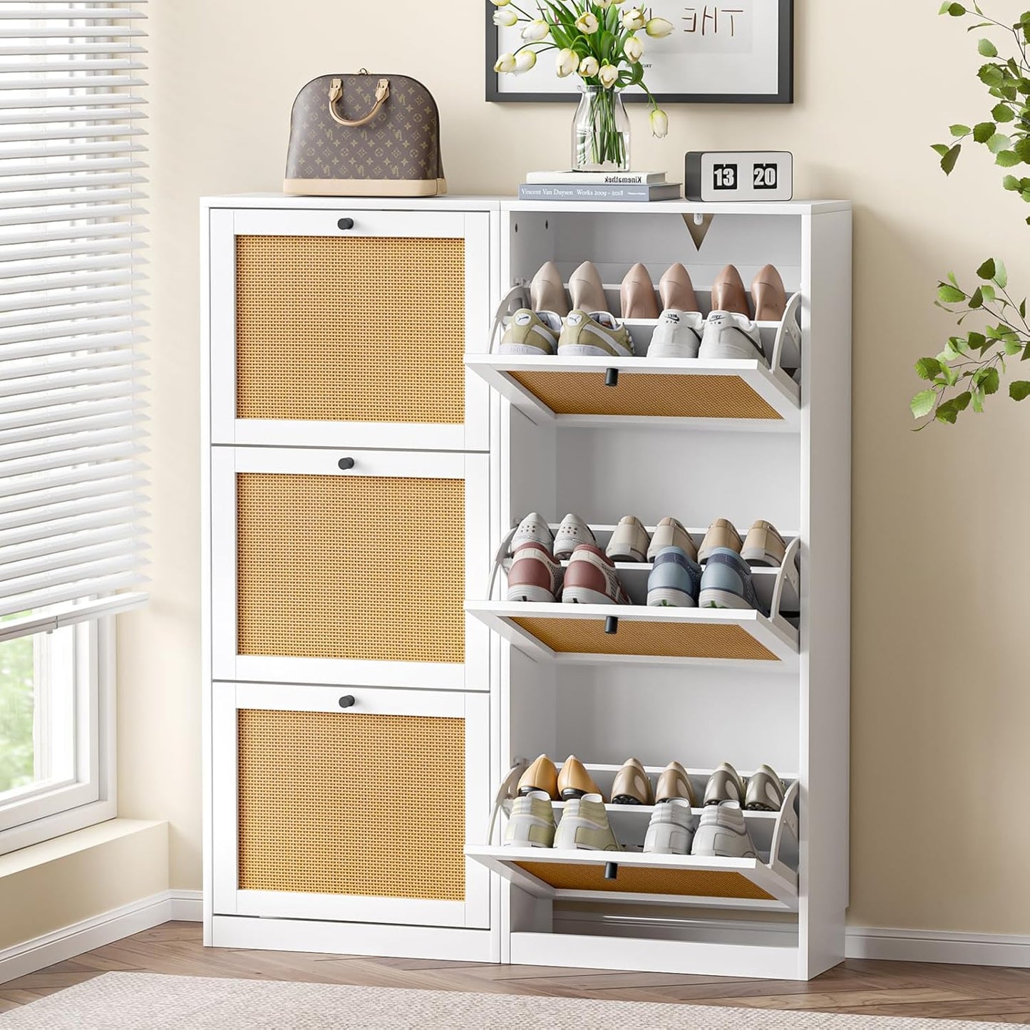 Rattan Shoe Cabinet with 3 Flip Drawers,Narrow Shoe Rack Cabinet with Adjustable Shelves,3 Tier Shoe Storage Organizer for Hallway,Entrance,White