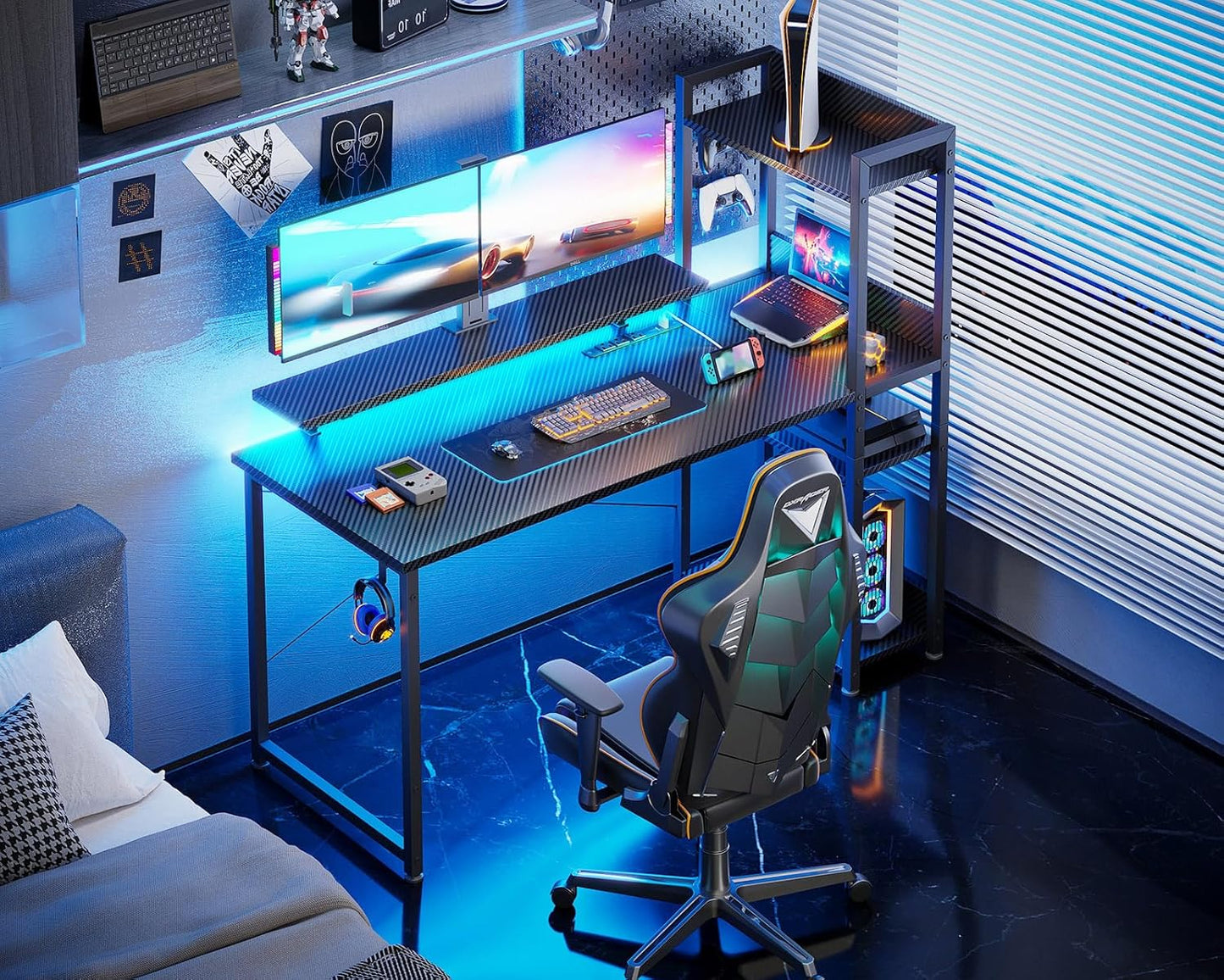 ODK Reversible Gaming Desk with Power Outlets and LED Lights, 48 Inch Computer Desk with Storage Shelves and Monitor Stand, Modern Writing Study Desk for Home Office, Carbon Fiber Black