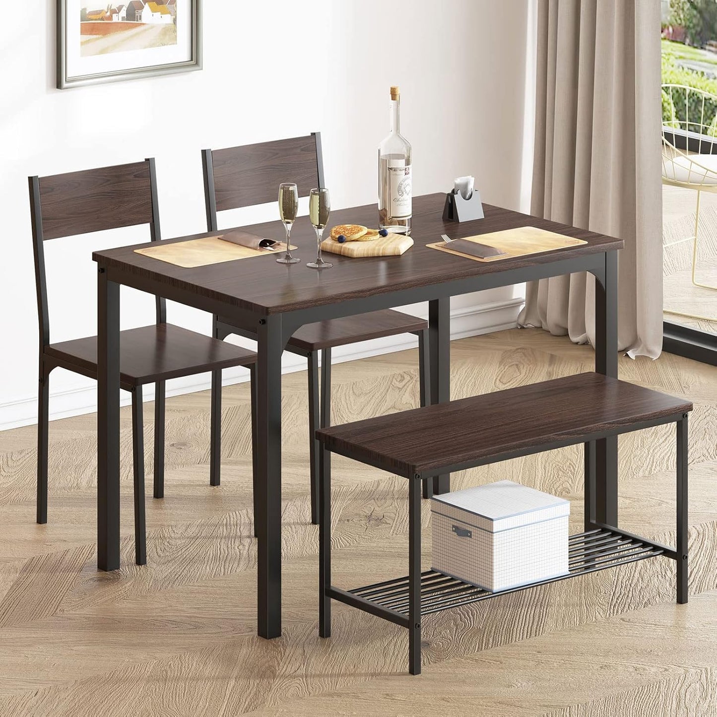 soges 4-Piece Dining Table Set with Bench - 4 Person Kitchen Table and 2 Chairs for Small Spaces, Apartment - Metal Frame & Woodgrain Tabletop, Space-Saving Design, Durable & Easy to Clean, Dark Oak