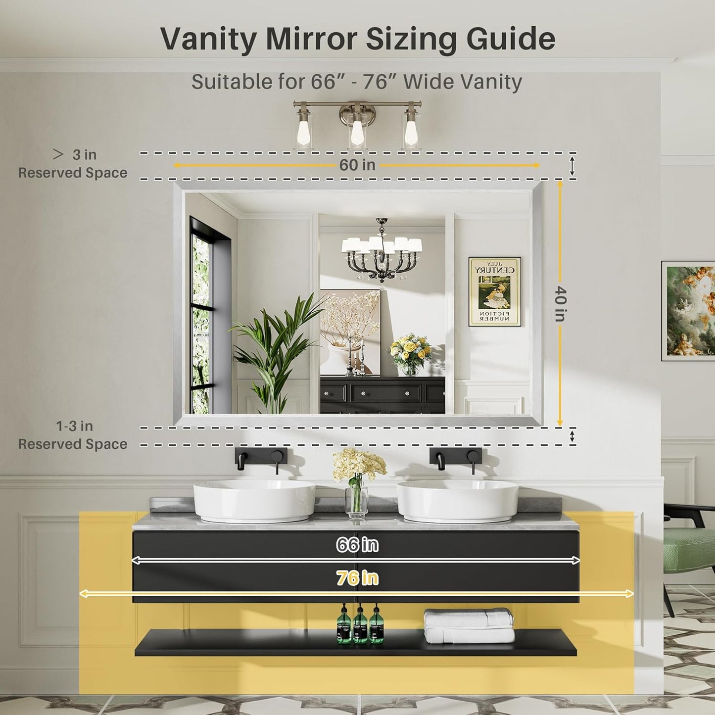 60x40 Inch Silver Bathroom Mirror for Wall, Thick Metal Framed Rectangle Mirrors for Over Sink, Bedroom, Living Room, Entryway, Anti-Rust, HD Tempered Glass