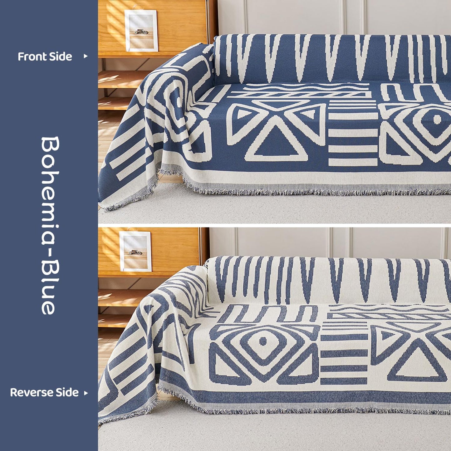 STACYPIK Reversible Boho Blue Beige Couch Cover for 2 Cushion Couch Sofa Cover for Dogs Anti-Scratch Furniture Protector Cover with Tassels for Pet Cat Non-Slip Loveseat Cover for Sectional-71X102IN