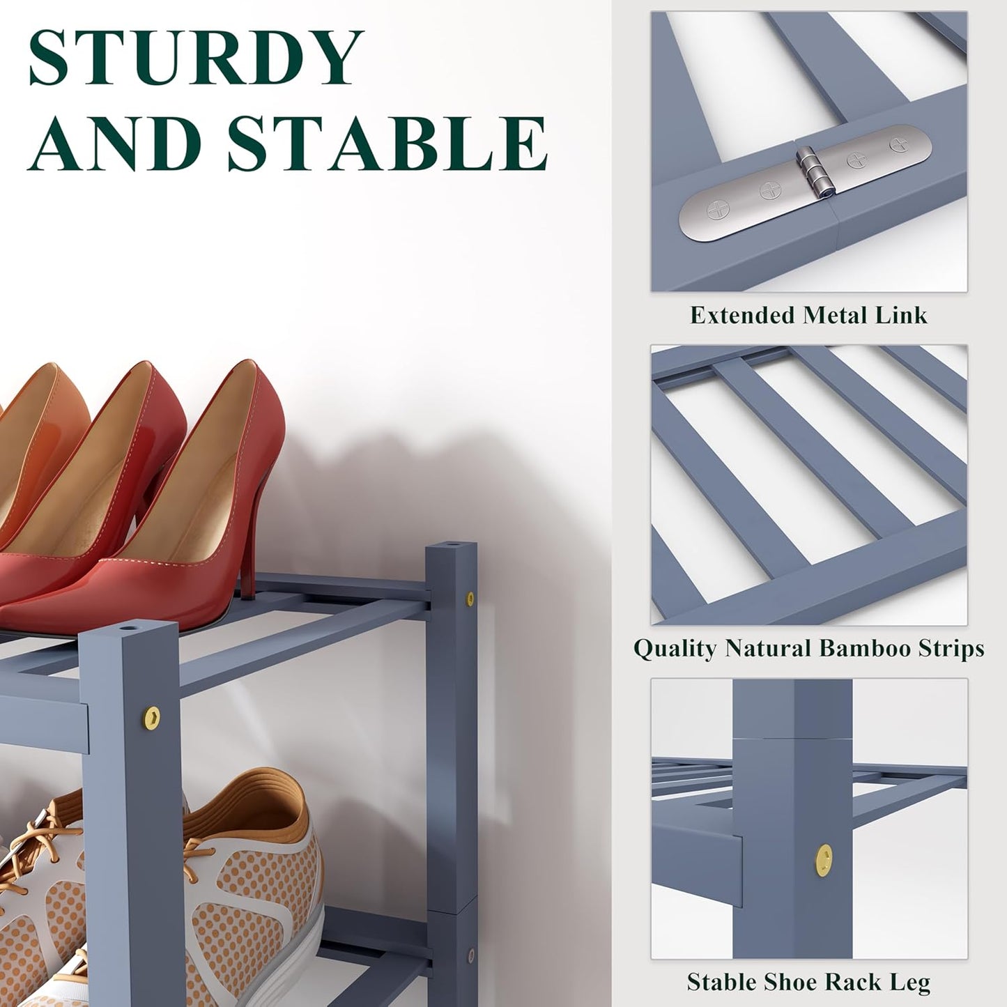 Smiry Shoe Rack, 3 Tier Bamboo Shoe Organizer, Stackable Free Standing Wooden Shoe Storage Shelf for Closet, Entryway, Front Door Entrance, Grey