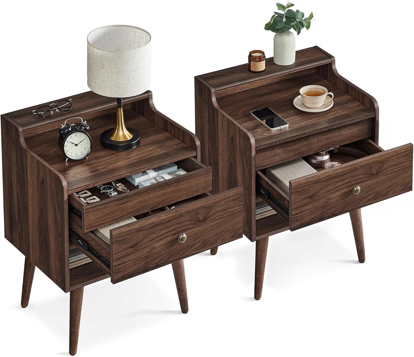 VASAGLE Nightstands, Set of 2, Bedside Tables with Hidden Drawers, Mid-Century End Side Tables with Solid Wood Legs, for Bedroom, Natural Walnut ULET624K01