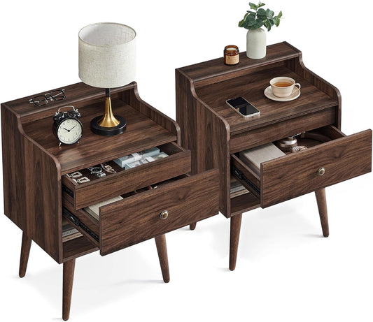 VASAGLE Nightstands, Set of 2, Bedside Tables with Hidden Drawers, Mid-Century End Side Tables with Solid Wood Legs, for Bedroom, Natural Walnut ULET624K01