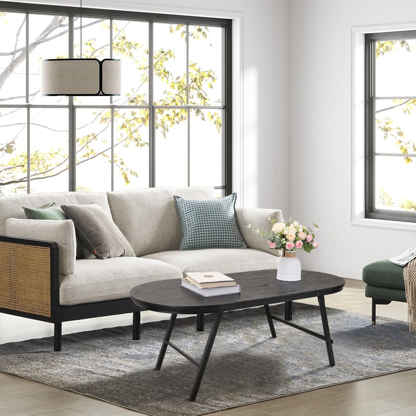 Black Small Coffee Table Wooden Oval Folding Low Coffee Tables with Metal Legs Portable Floor Table Desk for Living Room Small Spaces Apartment Oudoor Use