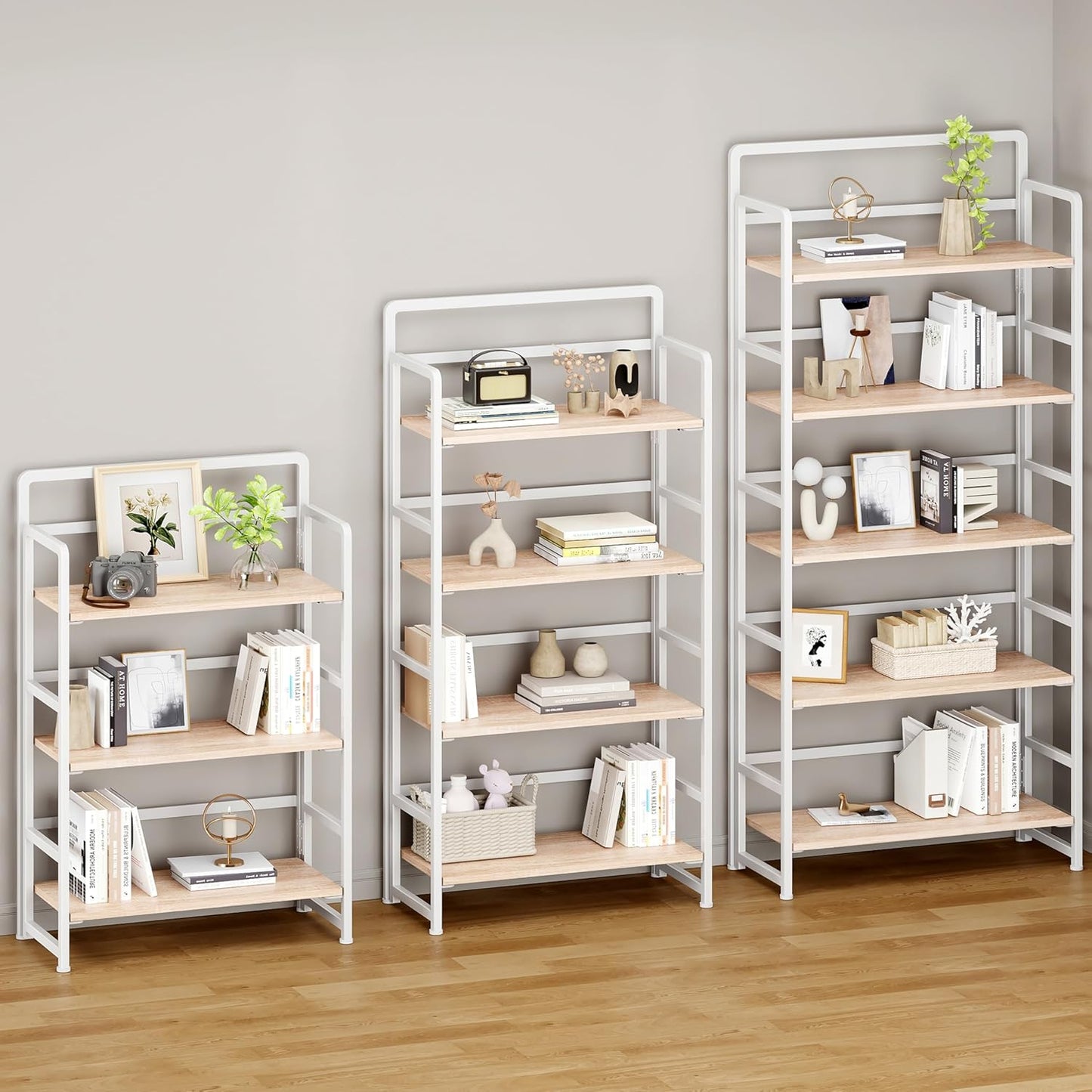 No Assembly Folding Bookshelf, 5 Tiers Collapsible Book Shelf for Home Office, Vintage Wood Foldable Bookcase Storage Organizer for Living Room Bedroom (Beige)