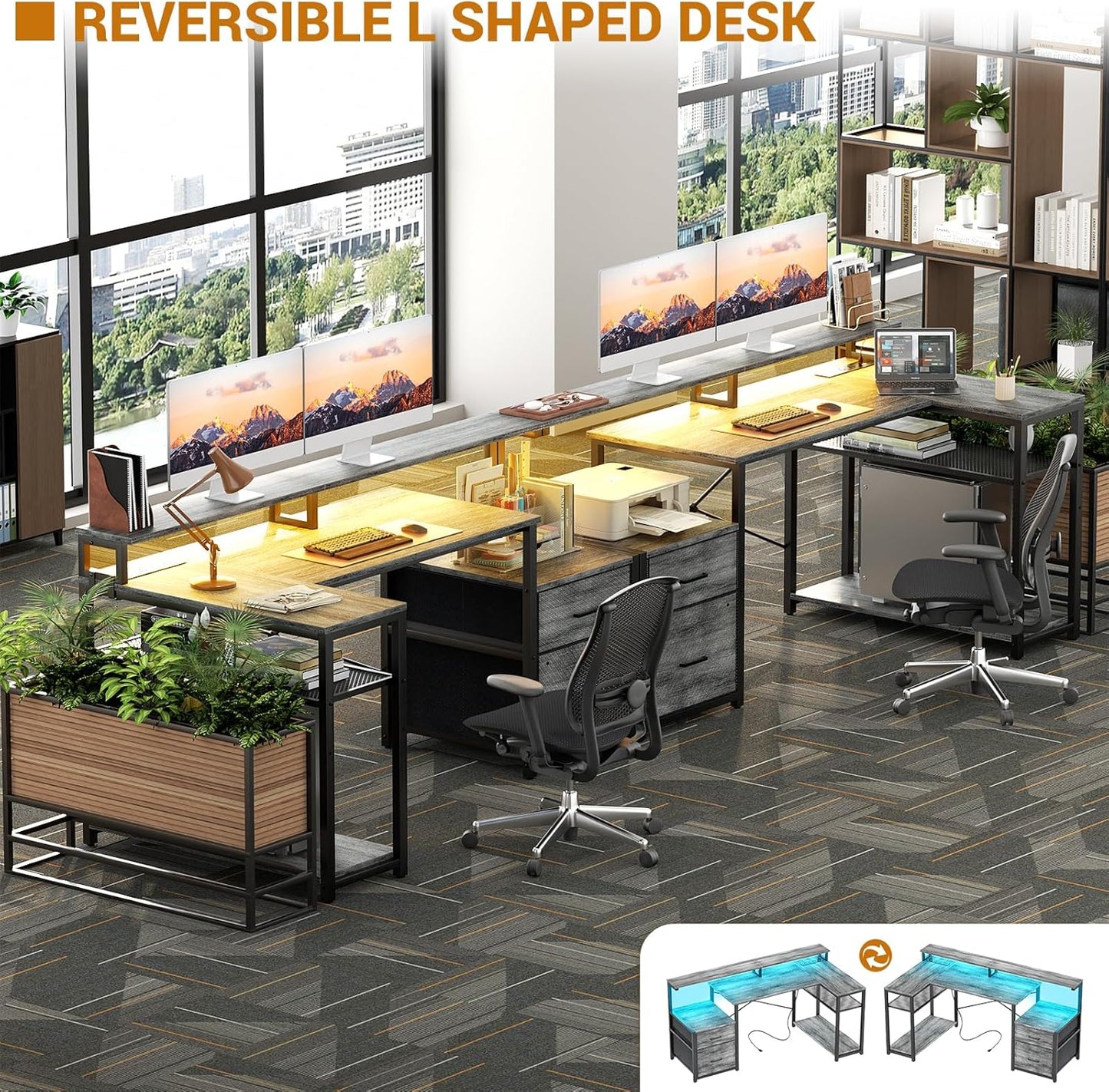 Aheaplus L Shaped Desk with File Drawer, Reversible L Shaped Computer Desk Gaming Desk with Power Outlet & LED Strip, Home Office Desk with Monitor Shelf, Corner Desk with Storage Shelves, White Oak