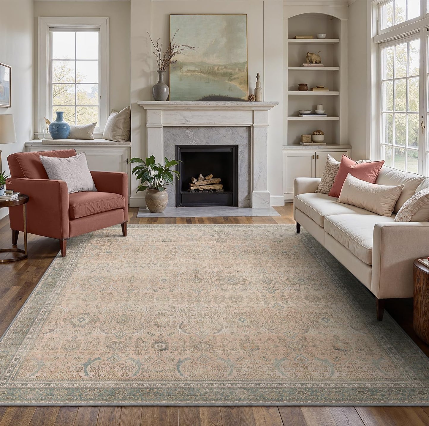 9X12 Area Rugs Machine Washable Rugs for Living Room, Vintage Boho Large Rugs for Bedroom Dining Room, Non Slip Indoor Soft Distressed Lightweight Thin Low Pile Carpet, Soft Sand