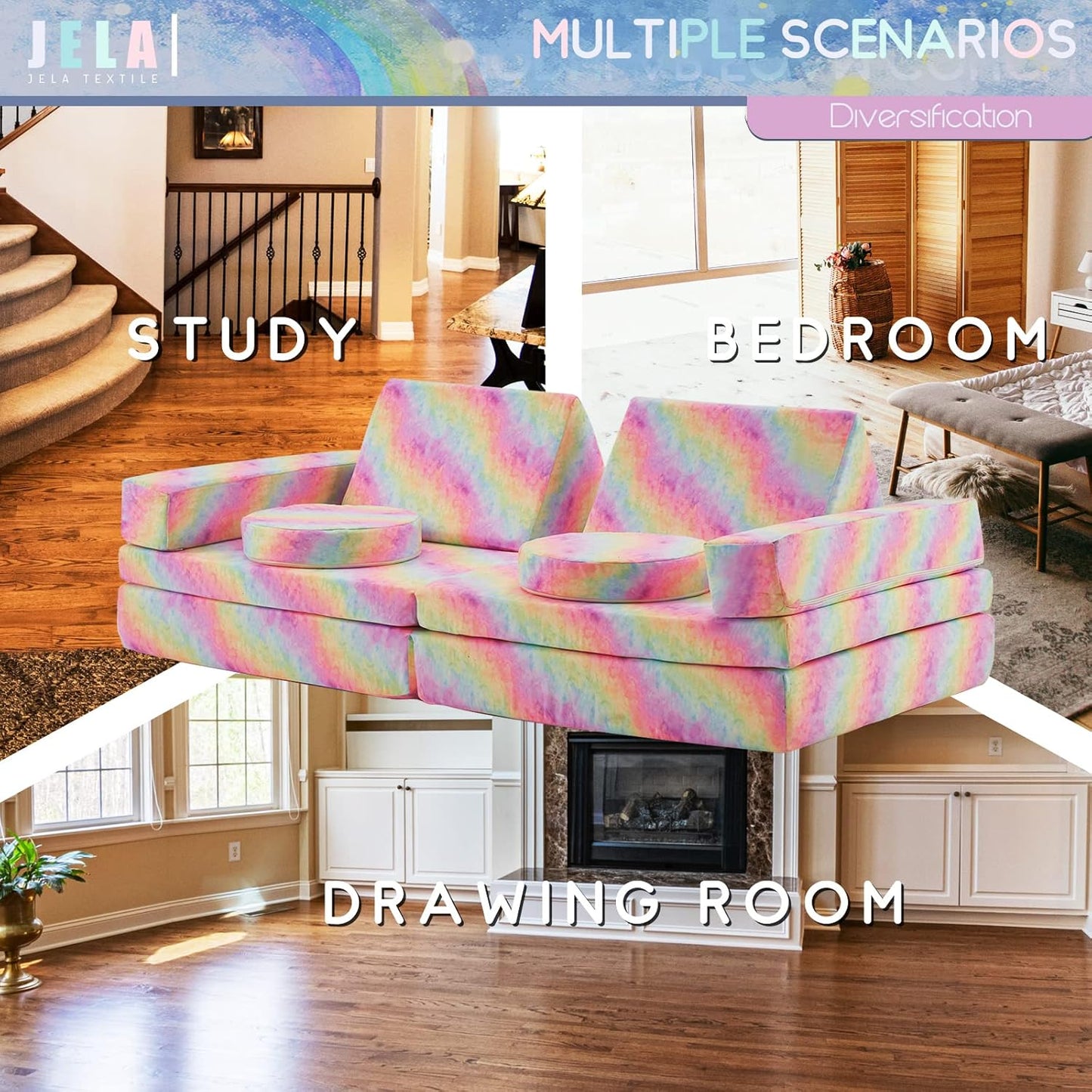 jela Kids Play Couch Castle Extended Size 10PCS with futons, Floor Sofa Modular Furniture for Kids and Adults, Foam Play Couch, Modular Play Sofa Set（Rainbow）