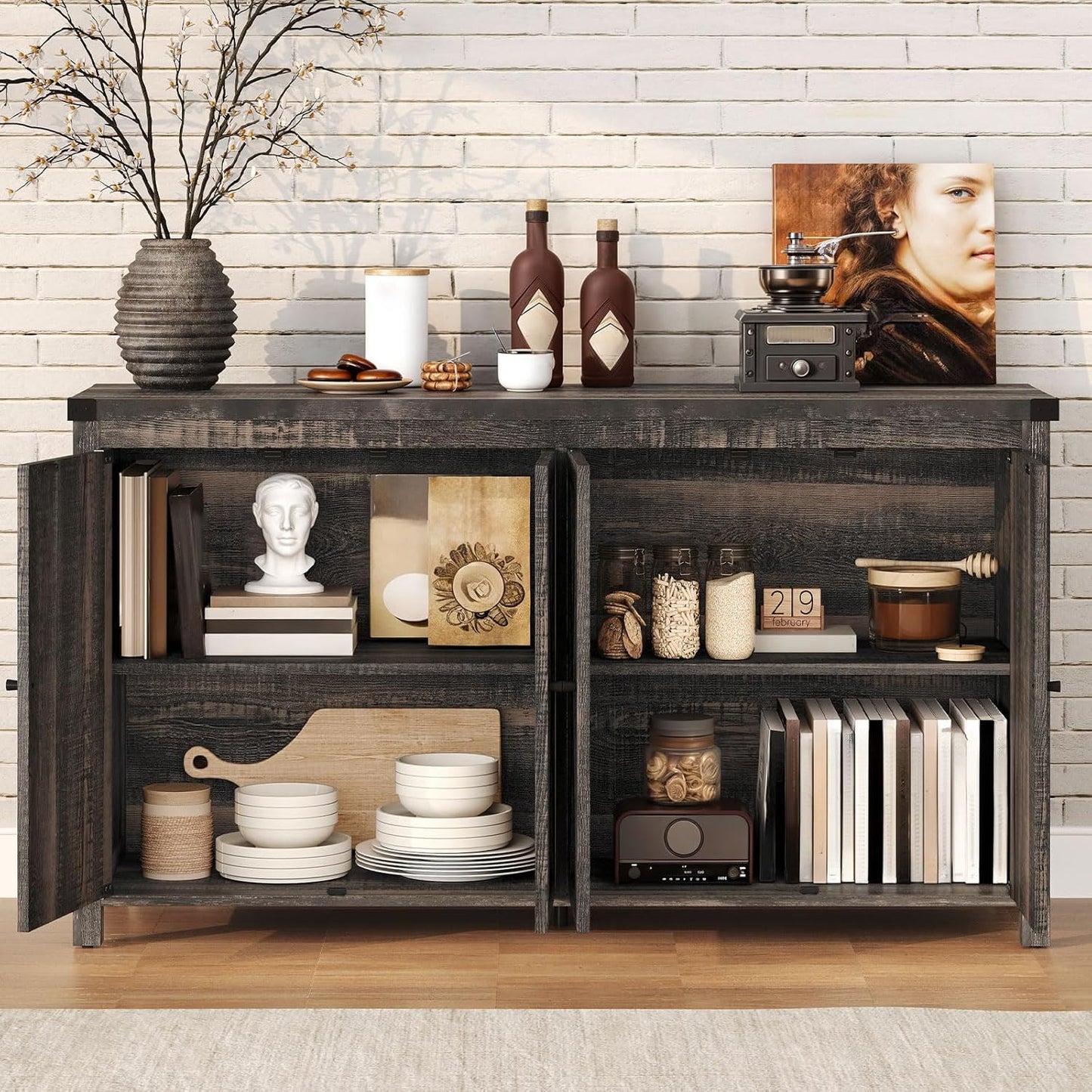 DWVO Buffet Cabinet with Storage, 55" Sideboard Buffet Storage Cabinet with Shelves and Doors, Farmhouse Coffee Bar Cabinets Kitchen Table for Kitchen, Dining Room, Dark Oak