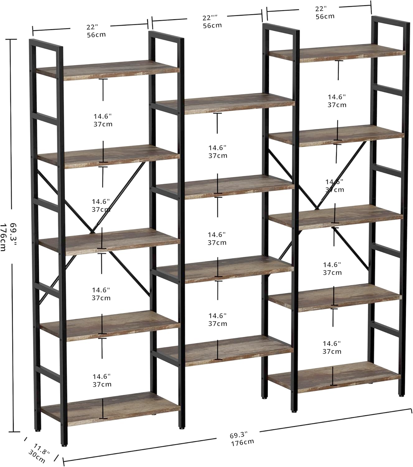 IRONCK Bookcases and Bookshelves Triple Wide 5 Tiers Industrial Bookshelf, Large Etagere Bookshelf Open Display Shelves with Metal Frame for Living Room Bedroom Home Office