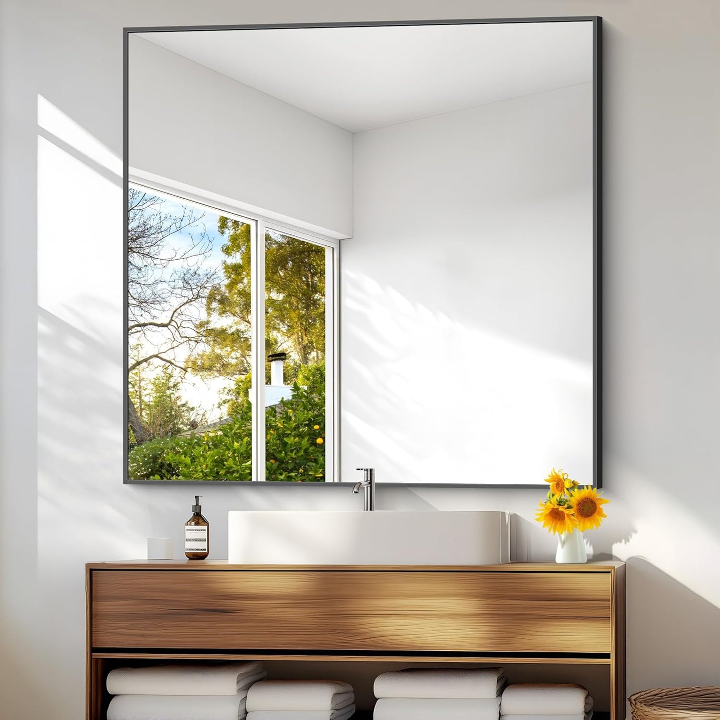 BONEWEI Bathroom Mirror,48x48 inch Large Wall Mirror for Bathroom Wall Mounted,Black Rectangle Wall Mirrors,Square Mirror for Living Room,Farmhouse, Bedroom Entryway, Horizontal/Vertical