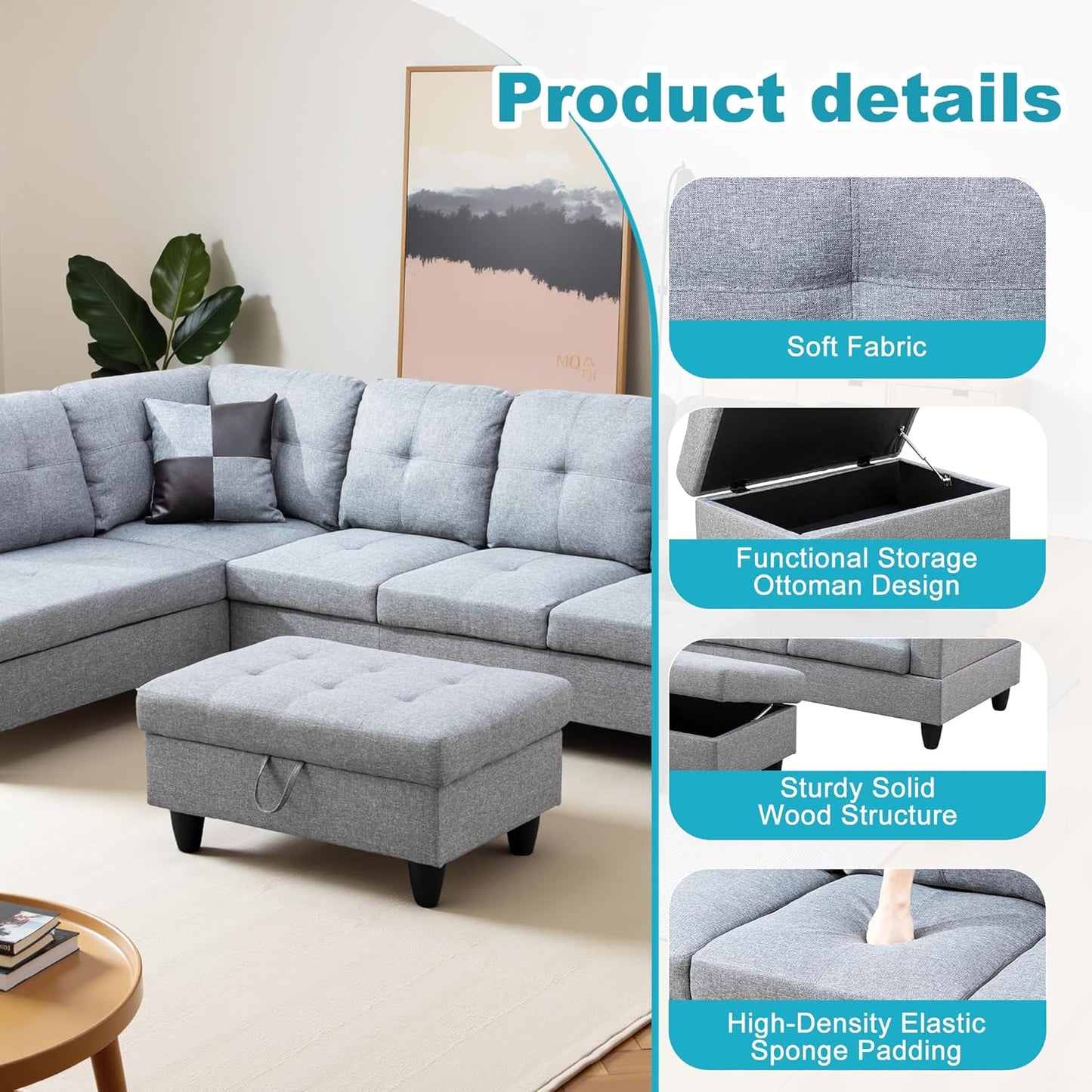 L Shaped Couch Modern Sectional Couch Upholstered Linen Fabric 3 Pieces Sofas for Living Room with Chaise, Storage Ottoman for Office and Small Apartment, Grey
