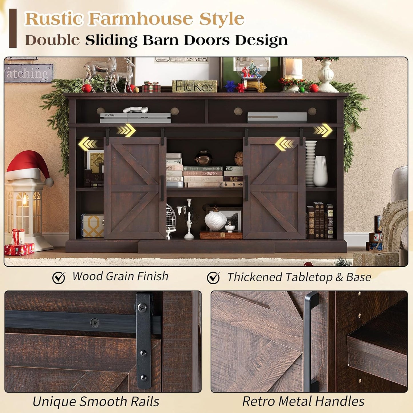 66" Farmhouse TV Stand for 75 Inch TVs, 40" Tall Entertainment Center with Sliding Barn Doors, Rustic Media Console Table Storage Cabinet with Adjustable Shelves, Living Room, Sawdust Brown
