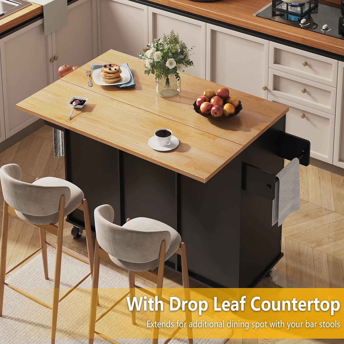 51.5'' Rolling Kitchen Island with Storage Cabinet & Drawers, Drop Leaf Kitchen Cart on Wheels, Farmhouse Portable Mobile Islands, Large Butcher Block Table with Tower/Spice Rack, Black