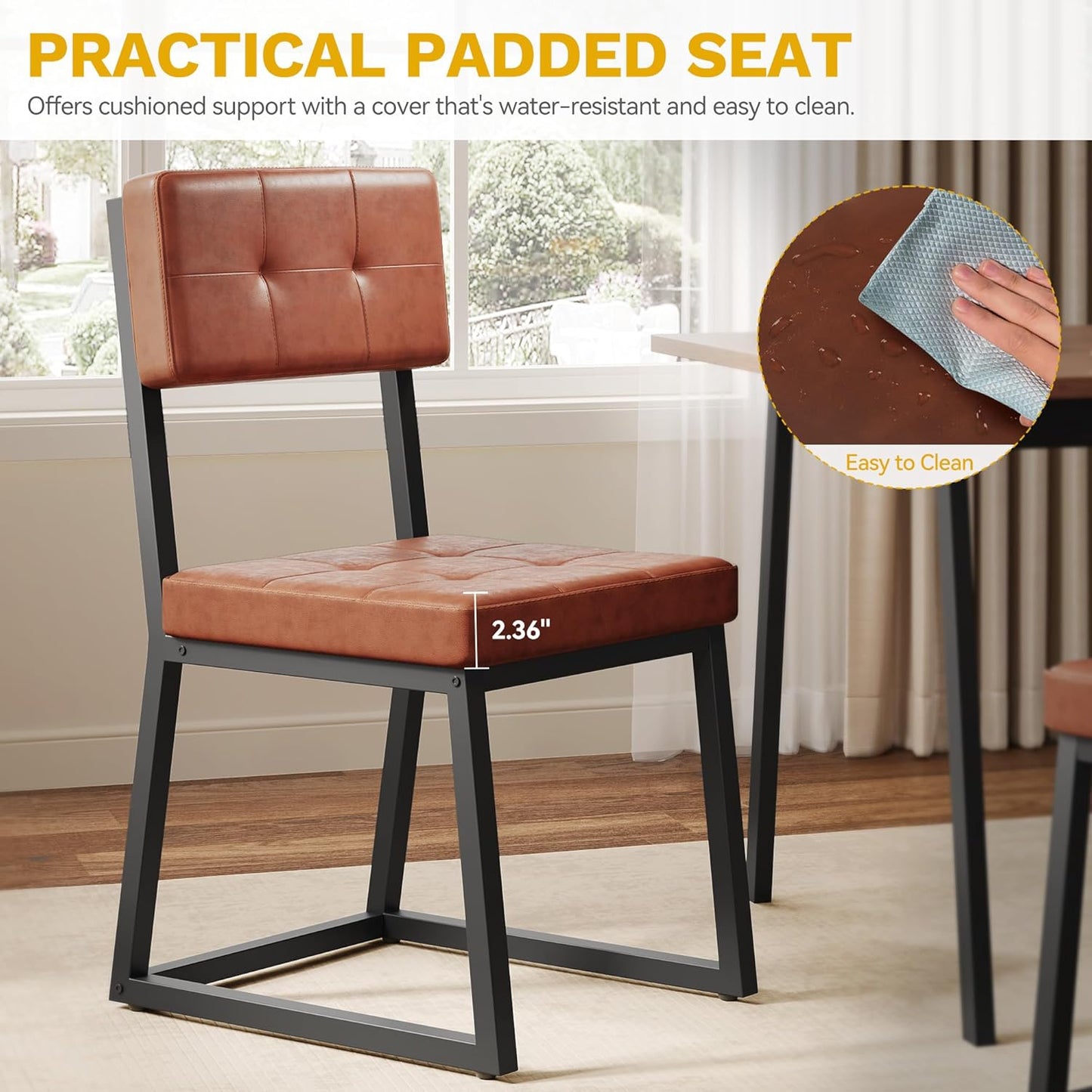 DWVO Modern Dining Chairs Set of 4 Brown Upholstered Kitchen Chairs with Faux Leather Cushion Seat and Heavy Duty Metal Leg for Kitchen Living Room Restaurant, Brown