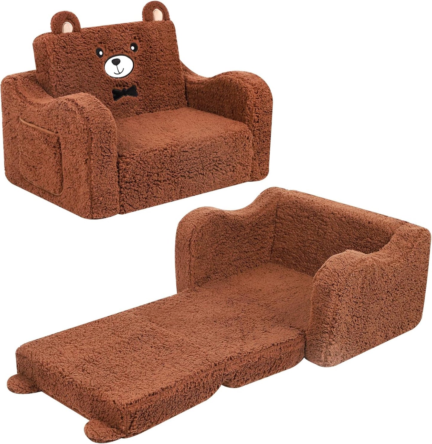 Kids Chairs for Toddler, 2-in-1 Toddler Soft Sherpa Couch Fold Out, Convertible Sofa to Lounger for Girls and Boys, Teddy Bear, Brown