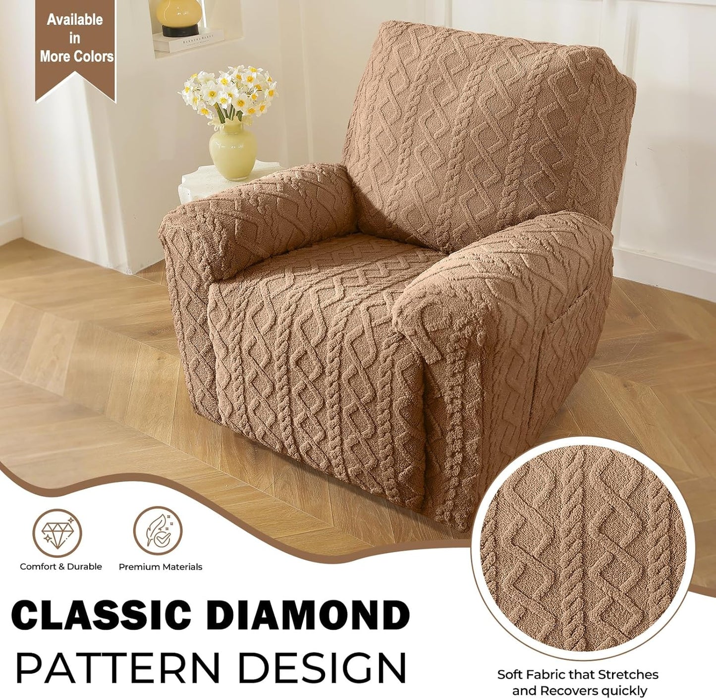 vctops 4 Pieces Geometric Jacquard Plush Recliner Slipcovers Soft Fuzzy Fluffy Sofa Couch Cover Anti-Slip Furniture Protector with Elastic Bottom for Kids Cats Dogs(Brown,1 Seat)