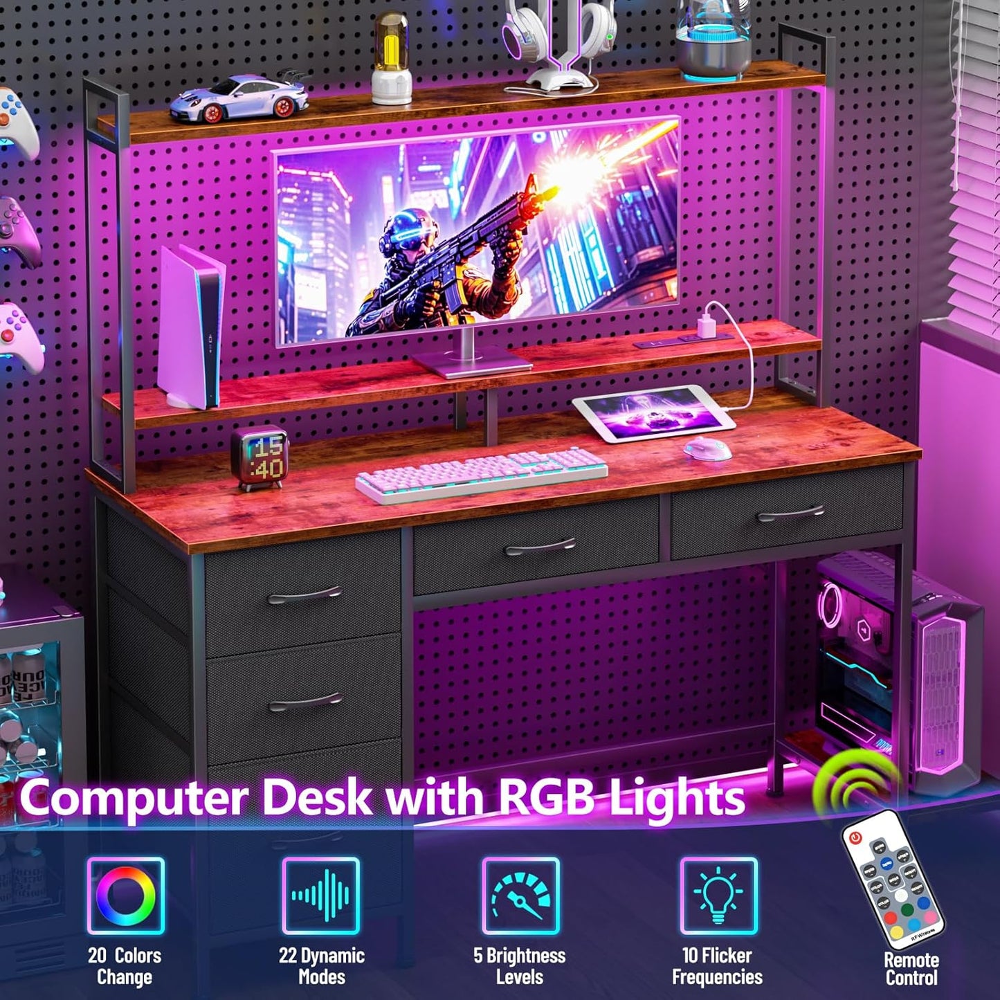 Computer Gaming Desk with Hutch, Home Office Desk with Power Outlets, LED Light, 5 Storage Drawers, 2 Tiers Shelves for Display, 47 Inch Modern Study Writing Table for Bedroom, Rustic Brown