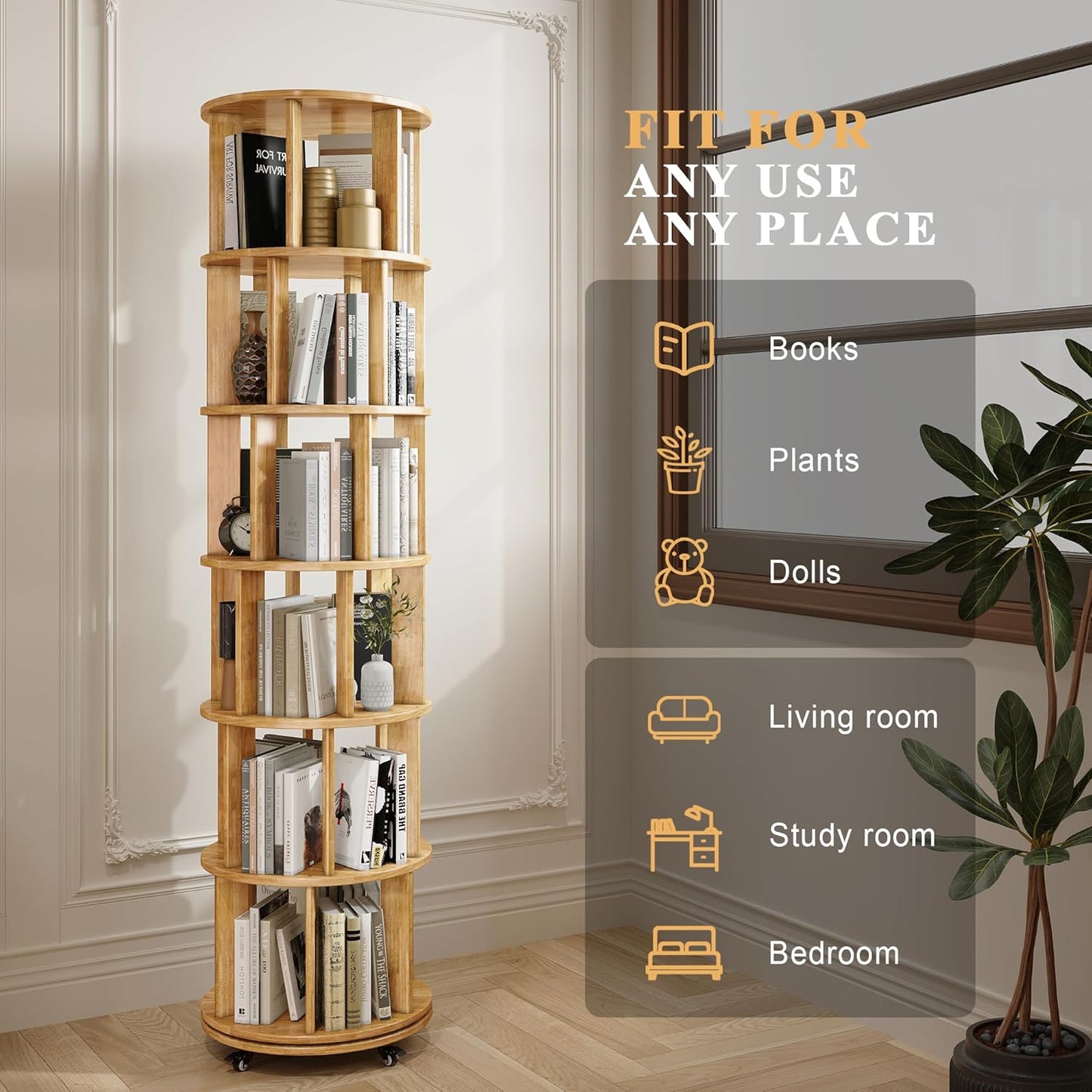 6 Tier Bookshelf Tower, 360° Solid Wood Spinning Bookcase with Swivel Wheels, Floor Standing Book Shelf for Small Space, Bookshelf for Home Office Study Room Bedroom Living Room