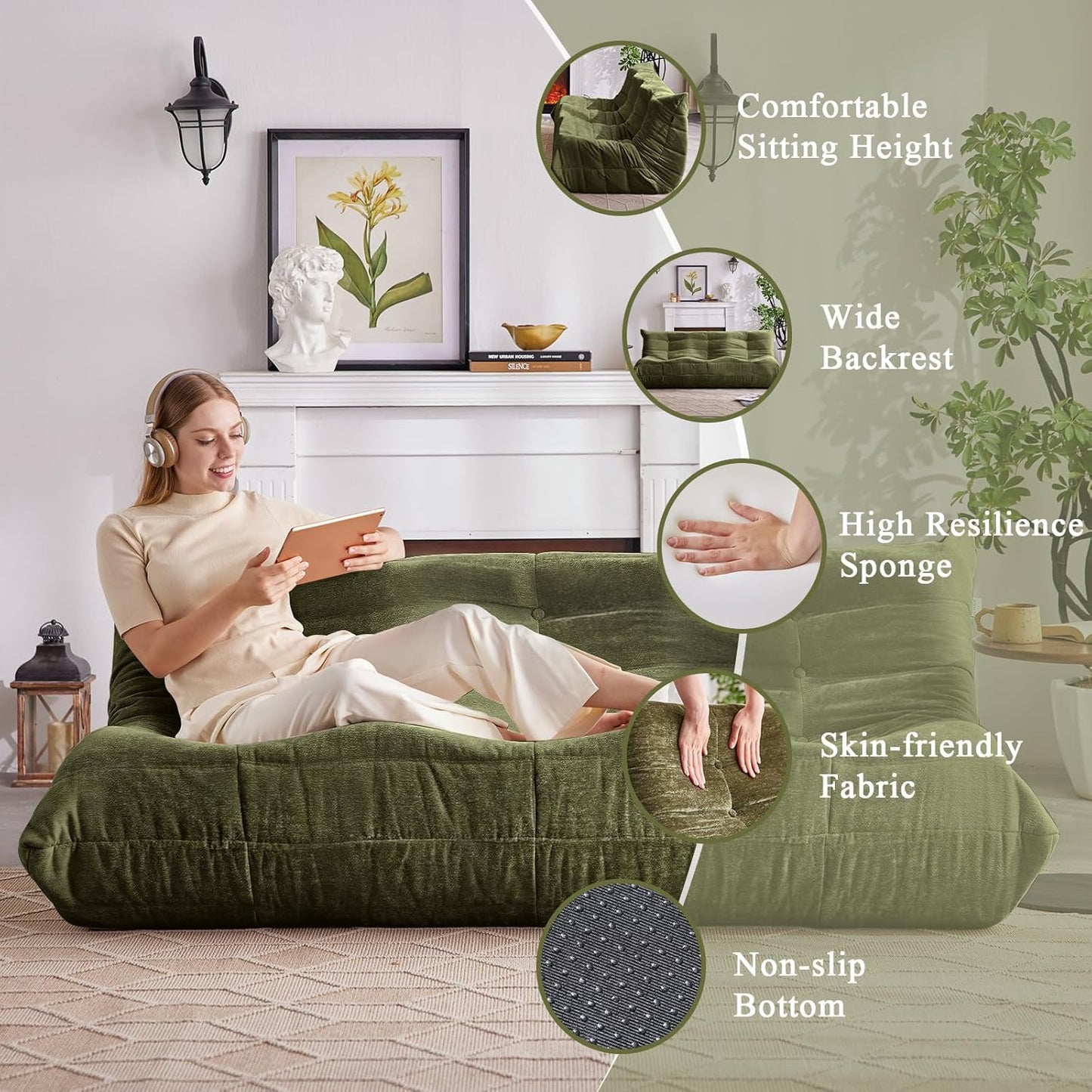 Bean Bag Chair, 3 Seater Fireside Chair Large Bean Bag Sofa for Adults, Memory Foam Chair Gaming Chairs with Comfy Design & Soft Fabric, Lazy Floor Sofa for Living Room, Bedroom, Olive Green