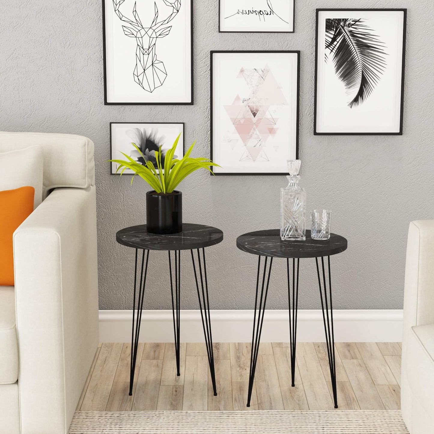 PAK HOME Set of 2 Black Marble End Tables Round Wood Sofa Side Coffee Tables for Small Spaces, Nightstand Bedside Table with Metal Legs for Bedroom, Living Room, Office, Balcony