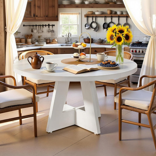 47" Round Dining Table for 4-6, Modern Small Dinner Table Farmhouse Round Kitchen Tables with Wooden Cross Base for Dining Room, Kitchen, Living Room, White