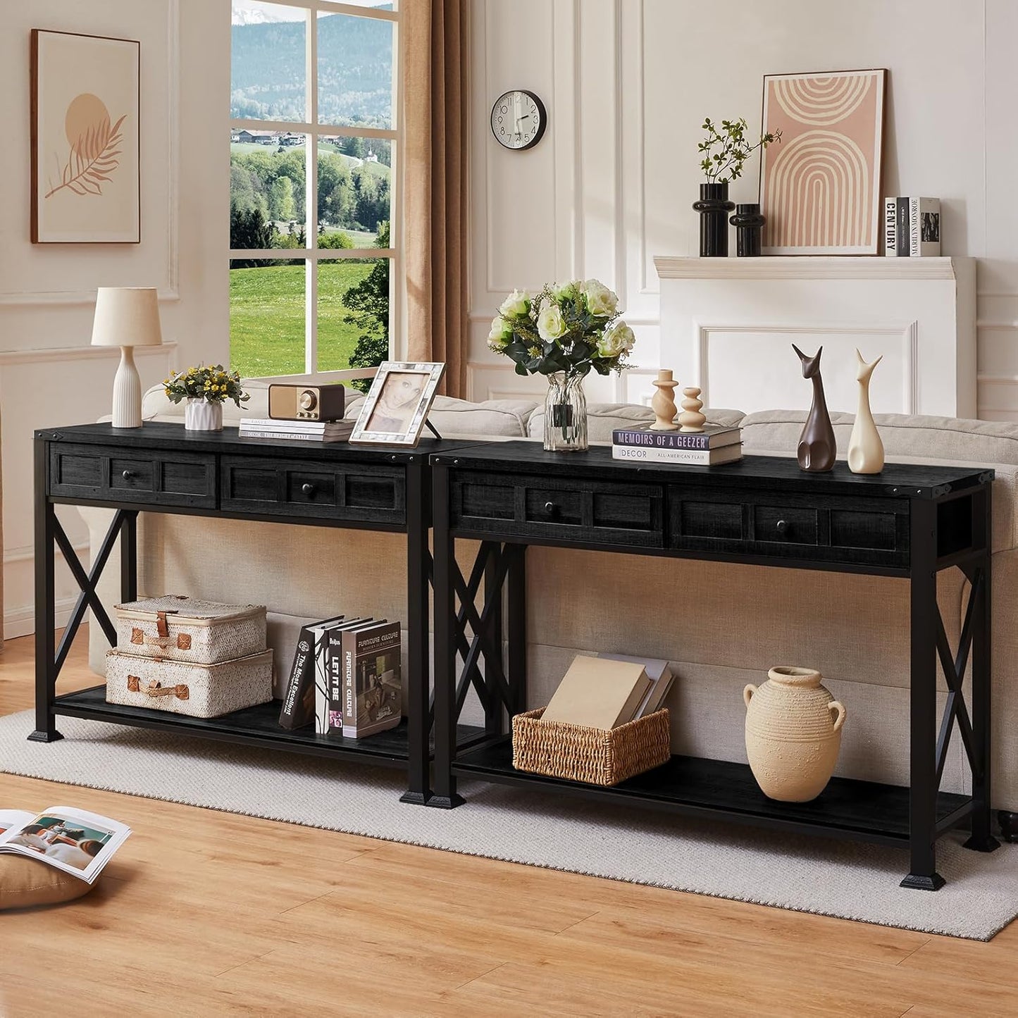 HOMBAZAAR Entryway Table,Rustic Console Table with 2 Drawers, Industrial Console Tables with Storage for Entryway, Hallway, Living Room,Black,47 Inch