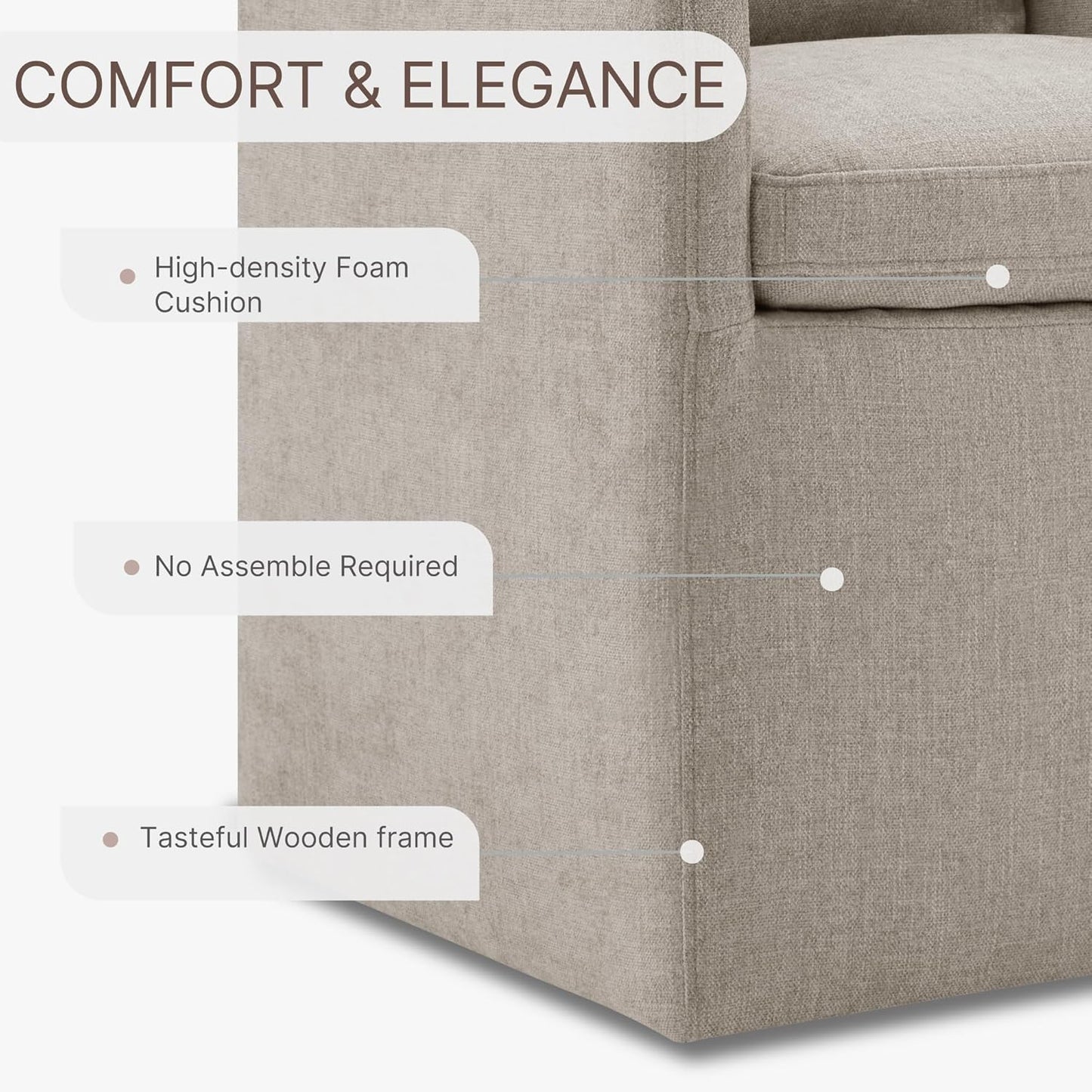 Upholstered Dining Chairs with Casters No Assembly Modern Accent Armchair with Rollers for Diningroom Bedroom Livingroom Reading Room,Sand,2 Boxs