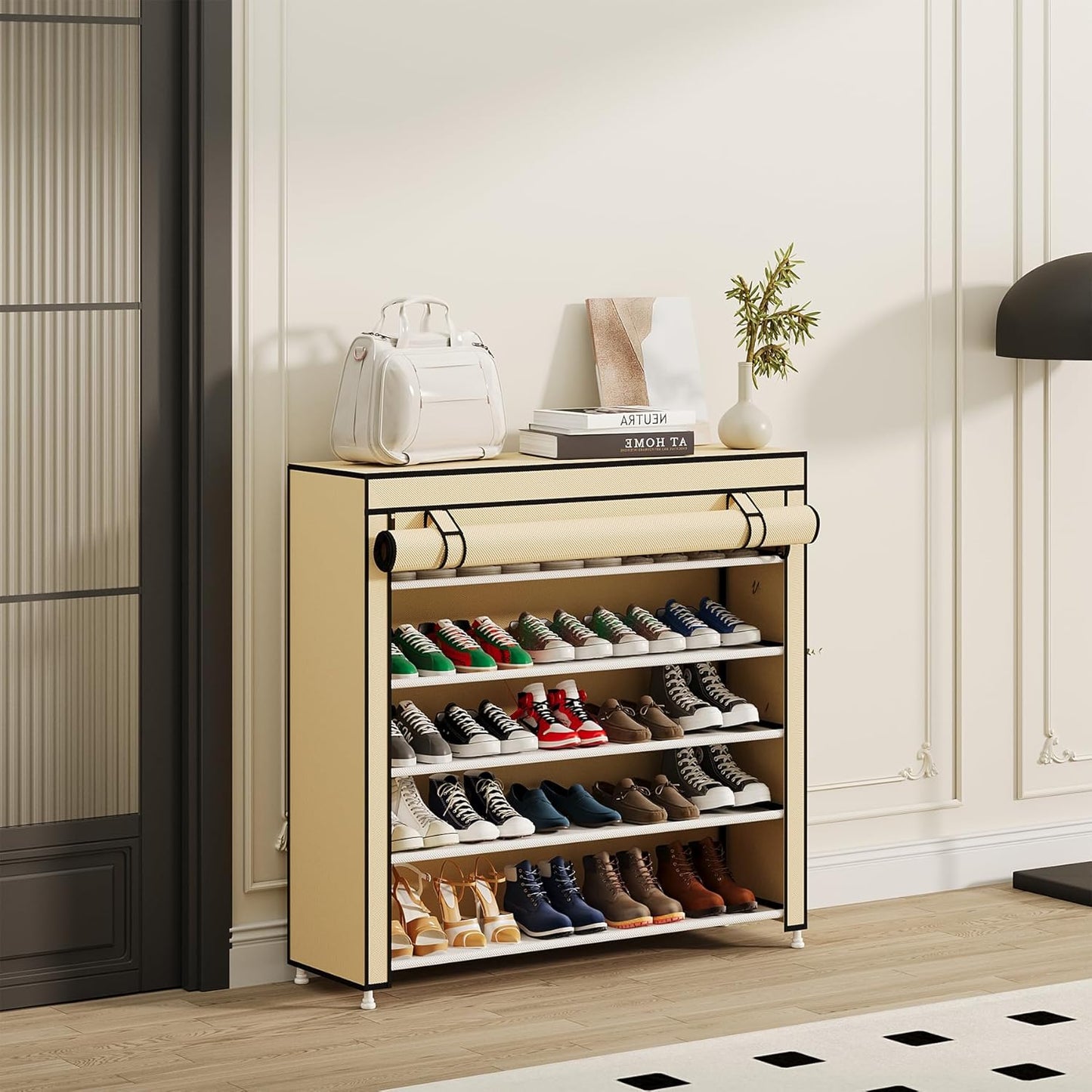 Calmootey 5 Tier Shoe Rack Organizer to Hold 25 Pairs, Portable Shoe Shelf with Nonwoven Fabric Cover for Closet Hallway, Bedroom, Entryway, Beige