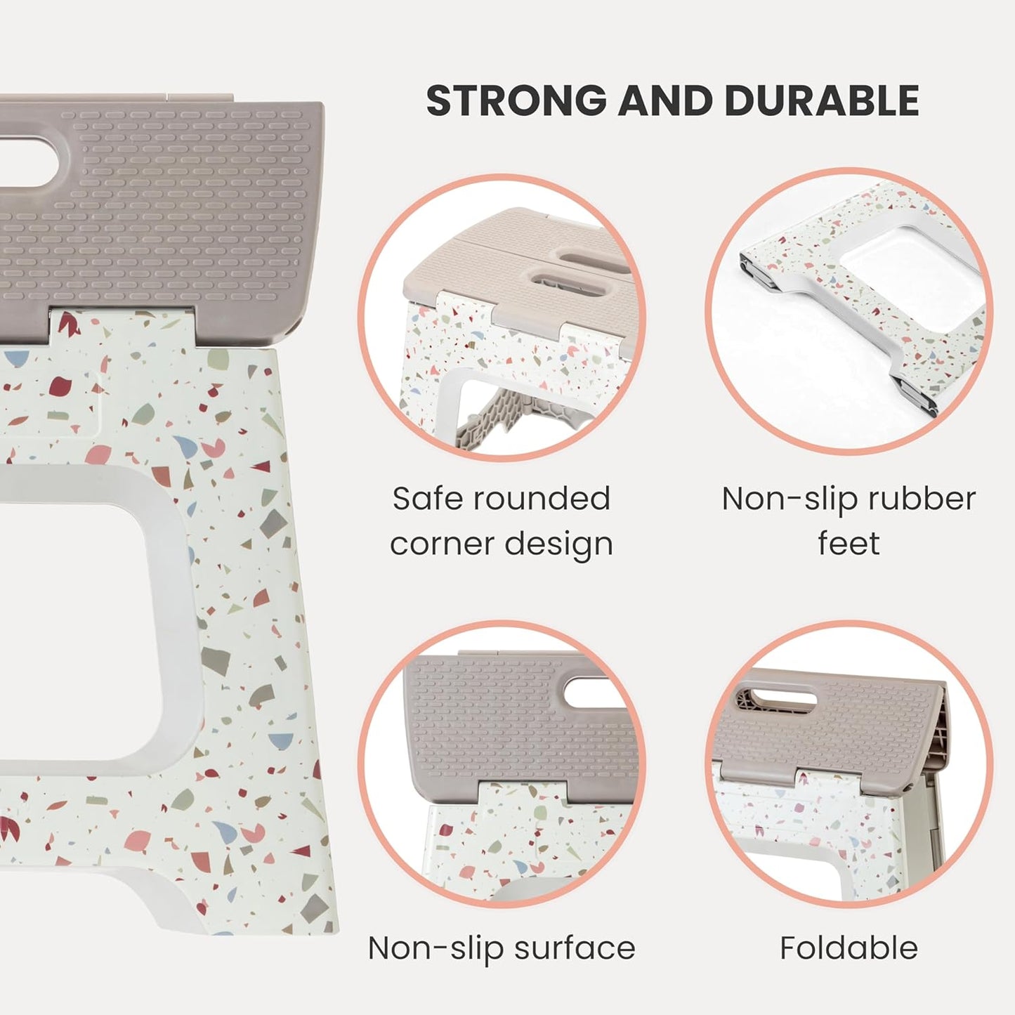 Vigar Compact Step Stool Foldable, 12-1/2-inch Step Stools for Adults up to 330 Pound, Lightweight Stool, Non-Slip Folding Step Stool, Grey Terrazo Pattern