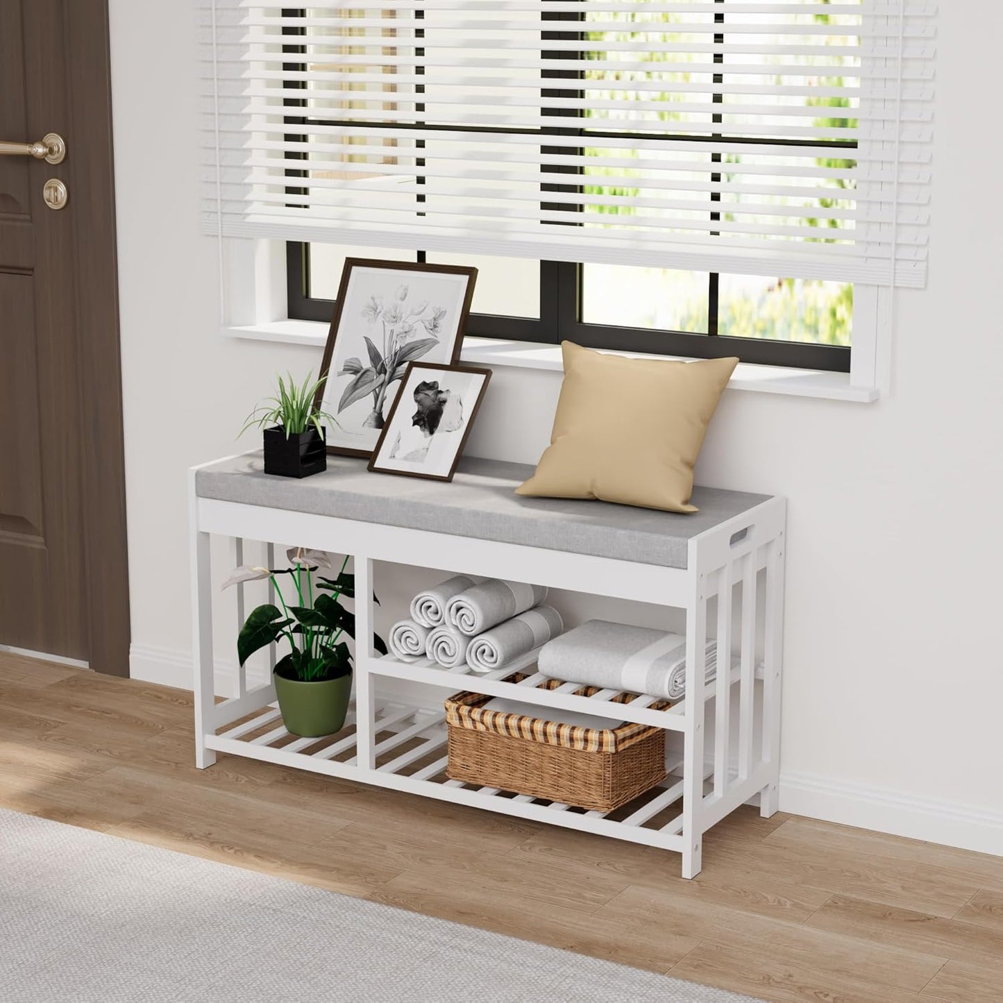 3-Tier Bamboo Shoe Rack Bench, Shoe Storage Organizer Bench, Entryway Benchs, Shoes Rack for Front Door Entrance, Entryway Bathroom Bedroom