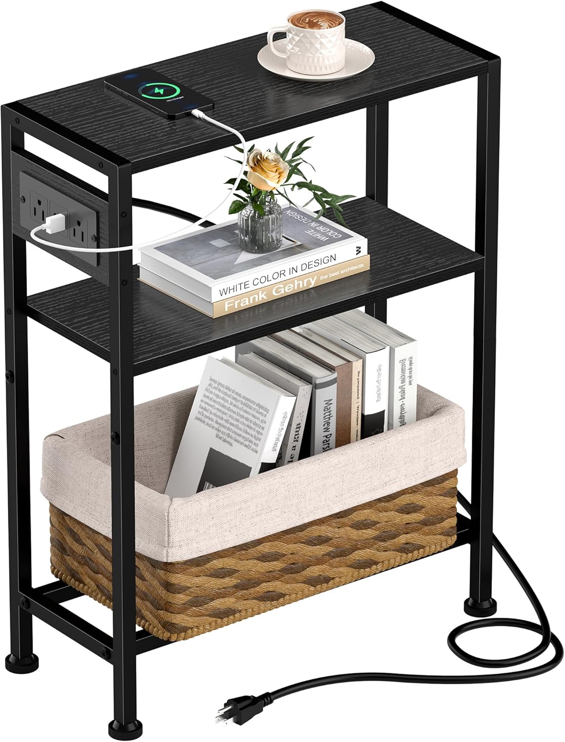 Small Narrow Side Table with Charging Station, Skinny End Table for Small Spaces, Slim Nightstand with Outlets, Sofa Bedside Table in Living Room, Bedroom, Study, Kitchen and Balcony(Black)