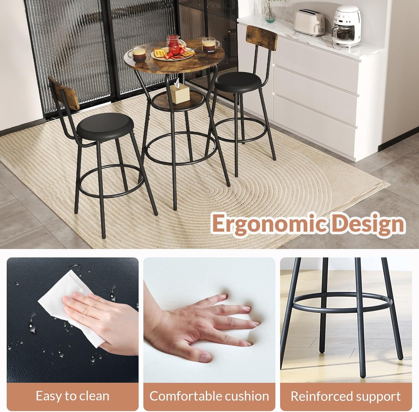 3-Piece Round Bar Table and Chair Set, Small Dining Table for 2, Breakfast Table with 2 Upholstered Stools, Modern Kitchen Bar Table, for Kitchen, Dining Room & Bistro-Rustic Brown