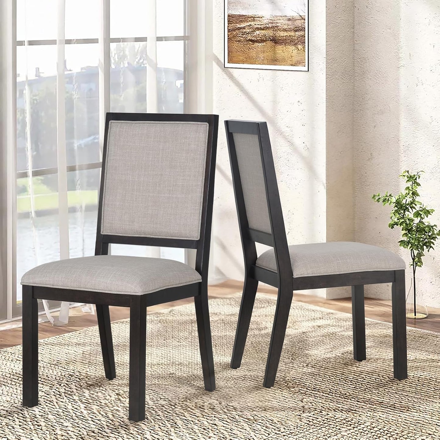 COLAMY Wood Dining Chairs Set of 2, Mid Century Modern Upholstered Kitchen Chairs,19 Inch Fabric Dining Chair with Back for Kitchen Dining Room,Brown