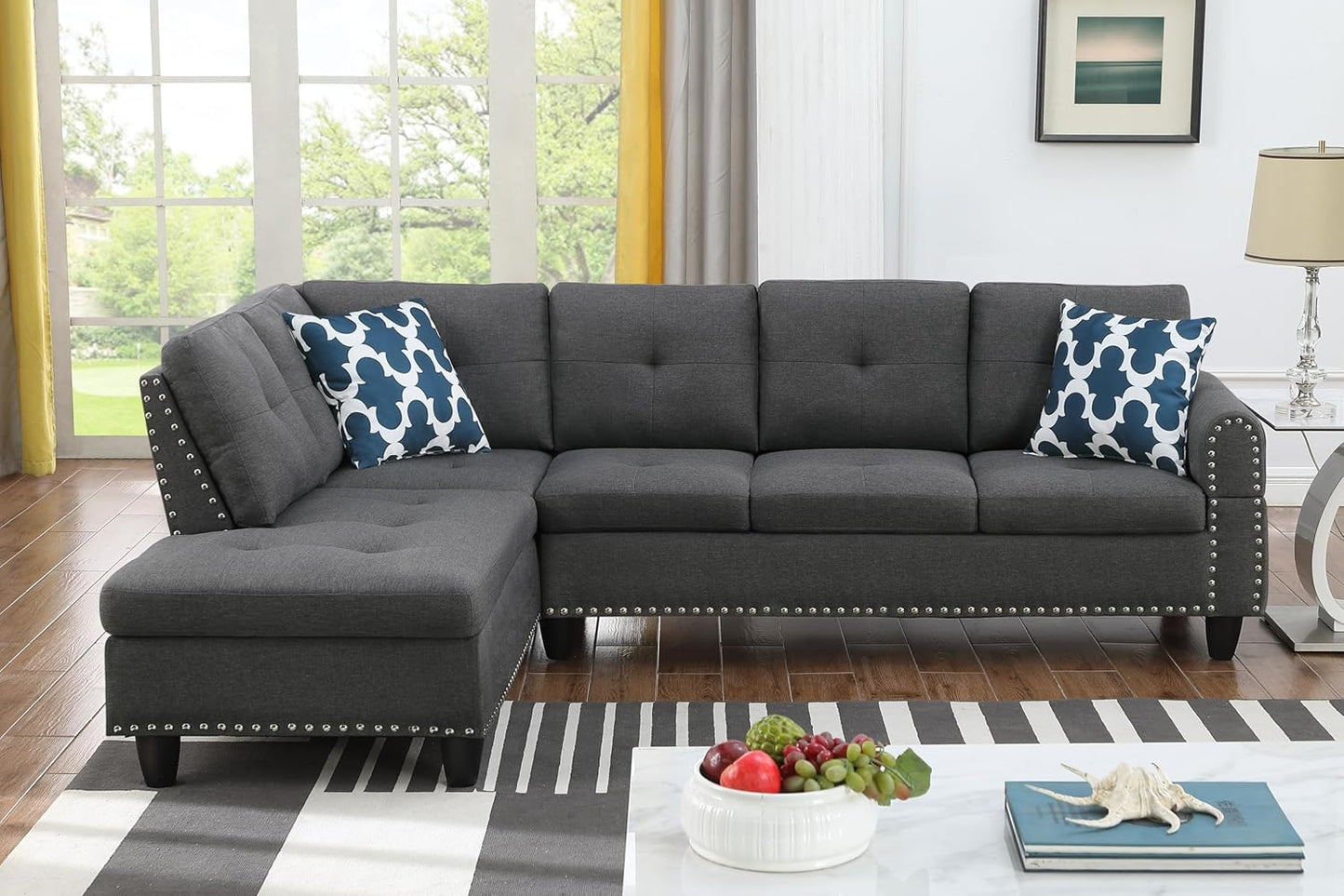 Ball & Cast 98" L Shaped Modular Sectional Couch for Living Room,4 Seat Linen Upholstered Sectional Sofa Set 2 PCS with Chaise,Coffee Table,Cup Holder,Pillows & Nailhead Trim for Home,Office,Dark Gray