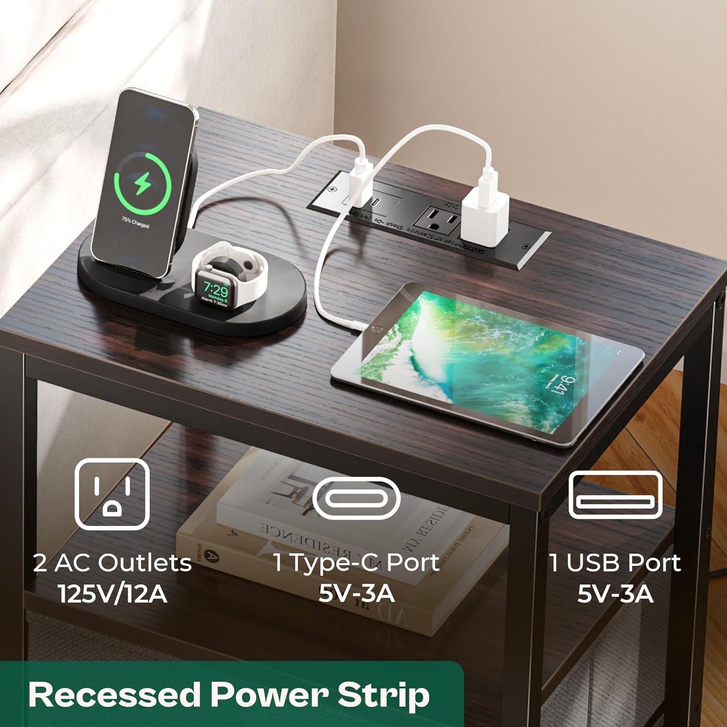 Huuger Nightstands Set of 2, 27.6 Inch End Tables with Charging Station, Fabric Drawers, Bedside Tables with USB Port and Outlet, Night Stands for Bedroom, Walnut