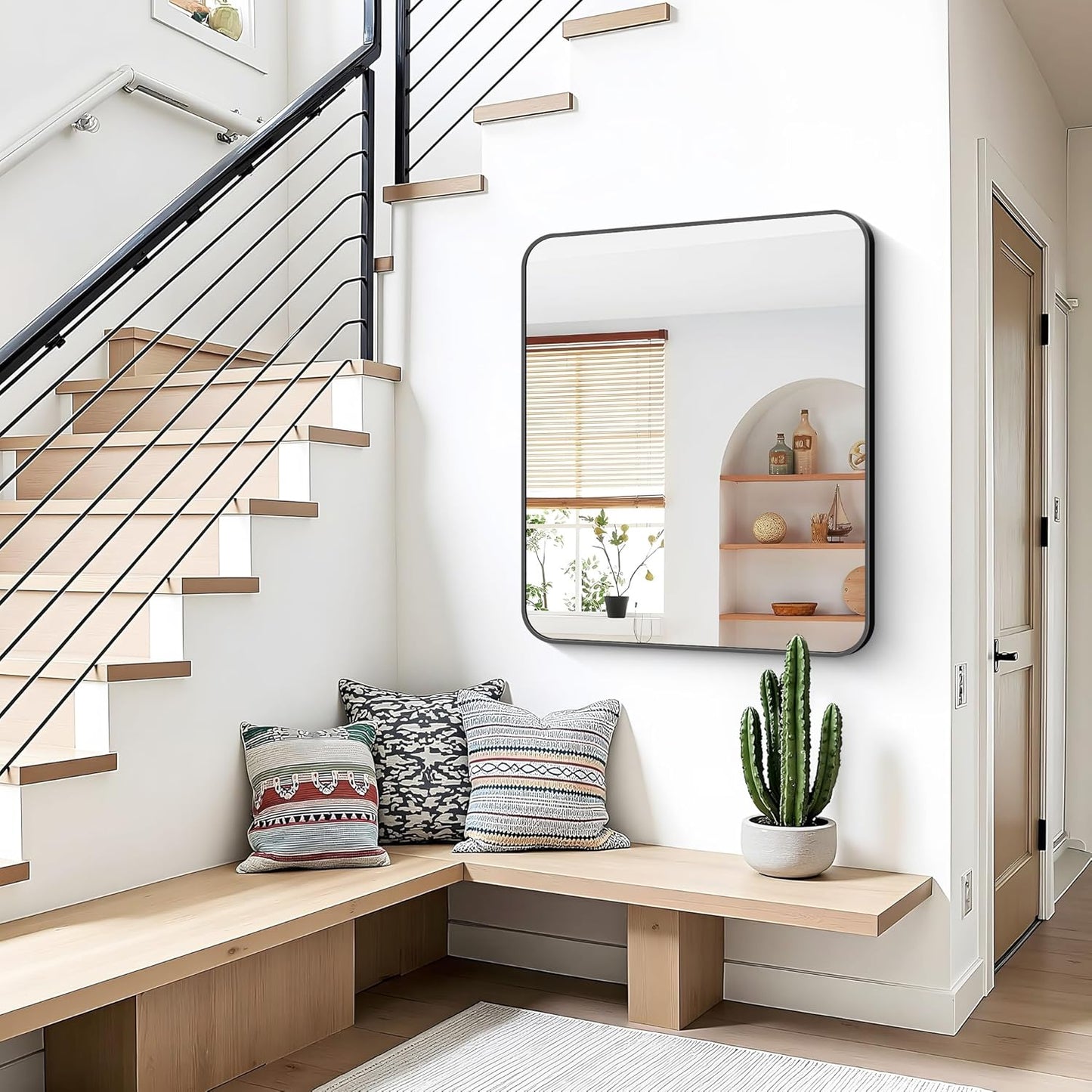 Bathroom Mirror, 36 x 30 inch Metal Framed Black Rectangle Mirror, Rounded Corner Rectangular Vanity Mirror, Wall Mounted Mirror for Modern Bedroom Living Room Hangs Horizontal or Vertical