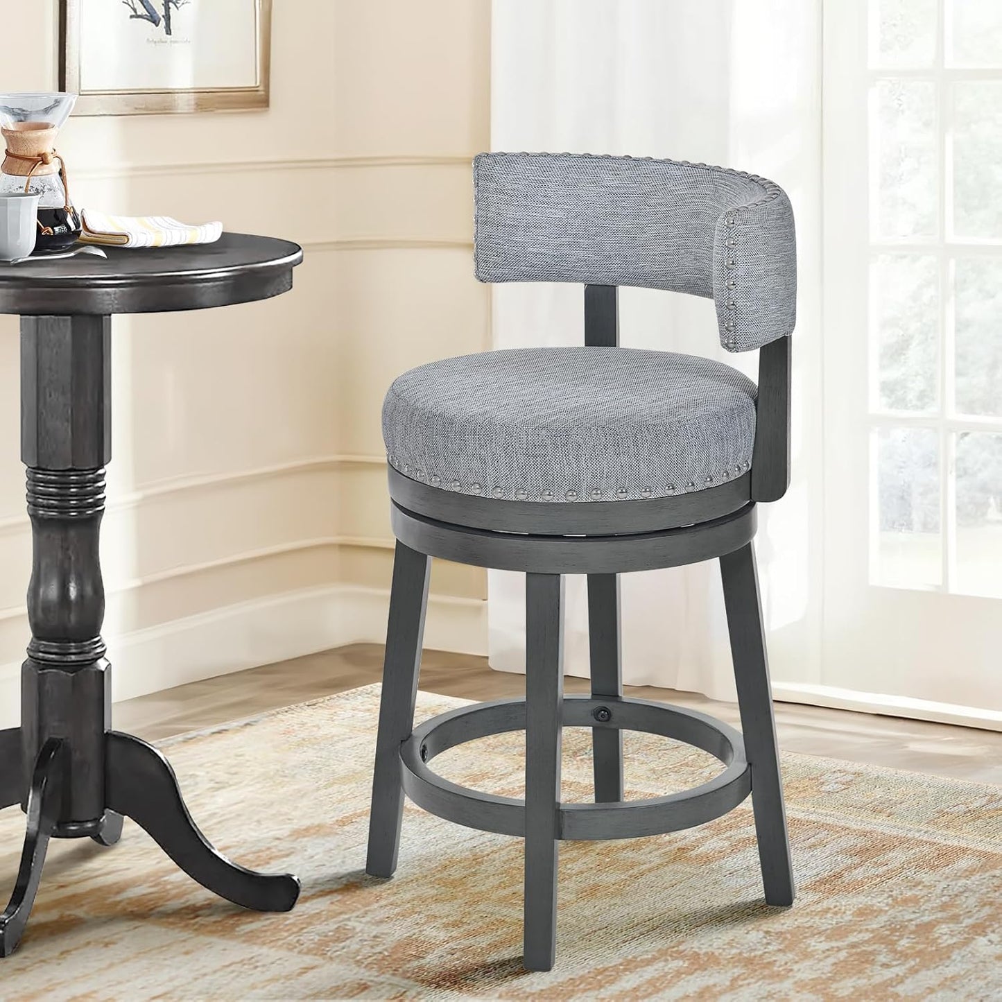 COLAMY Swivel Counter Height Bar Stools Set of 1, 25 Inch Modern Upholstered Kitchen Island Barstools with Back, Wood Swivel Bar Chairs for Counter Bar Dining Room, Grey