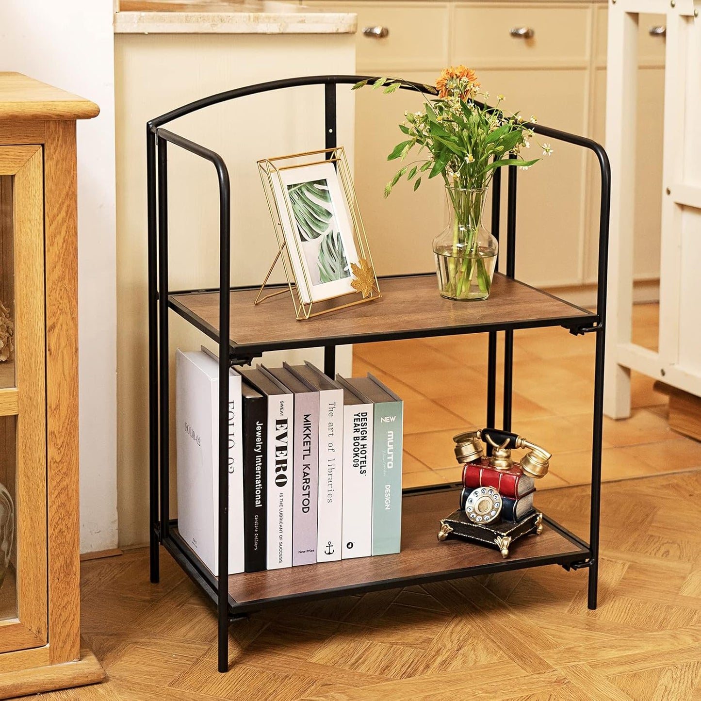 Crofy No Assembly Folding Bookshelf for Living Room, 2 Tier Black Collapsible Book Shelf for Home Office, Portable Bookcase Storage Organizer