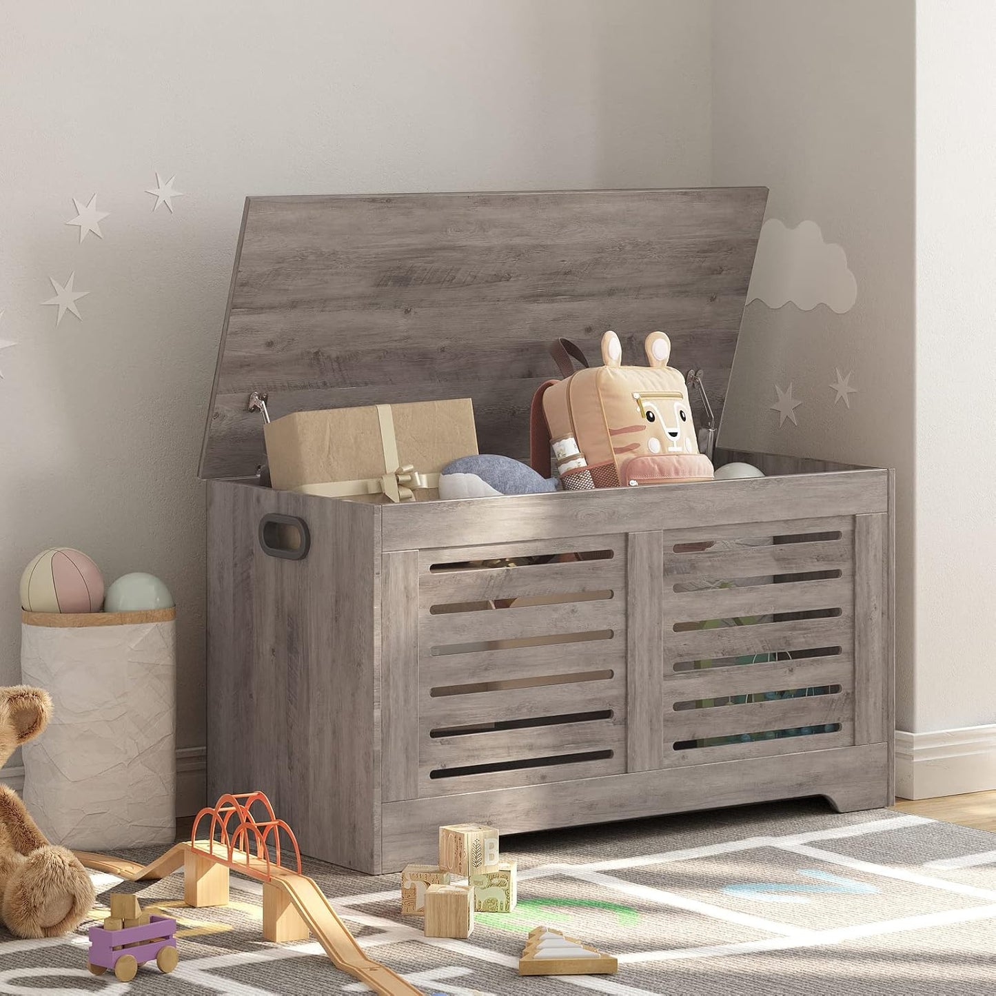 DINZI LVJ Storage Chest, 39.4”Wooden Toy Box with 2 Safety Hinges, Retro Entryway Shoe Storage Bench with Flip-Top, Sturdy Large Storage Trunk for Living Room, Bedroom, Easy Assembly, Greige