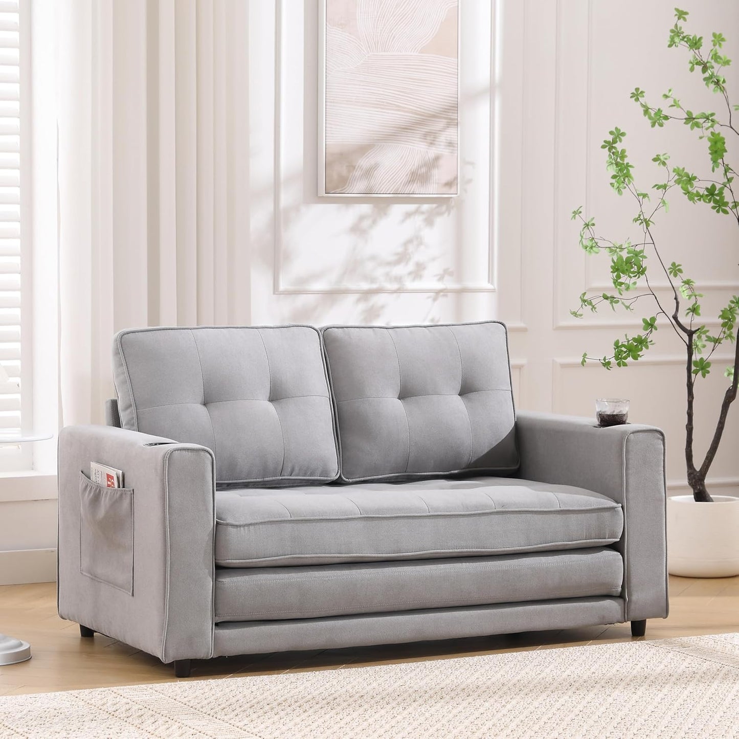 ERYE Modern Upholstered Loveseat Sofa Foldable Convertible Floor Sofabed W/Cupholders and Pockets, 3 Fold Tufted Futon Lounge Sofa with Pull Out Sleeper Couch Bed for Living Room Bedroom Studio