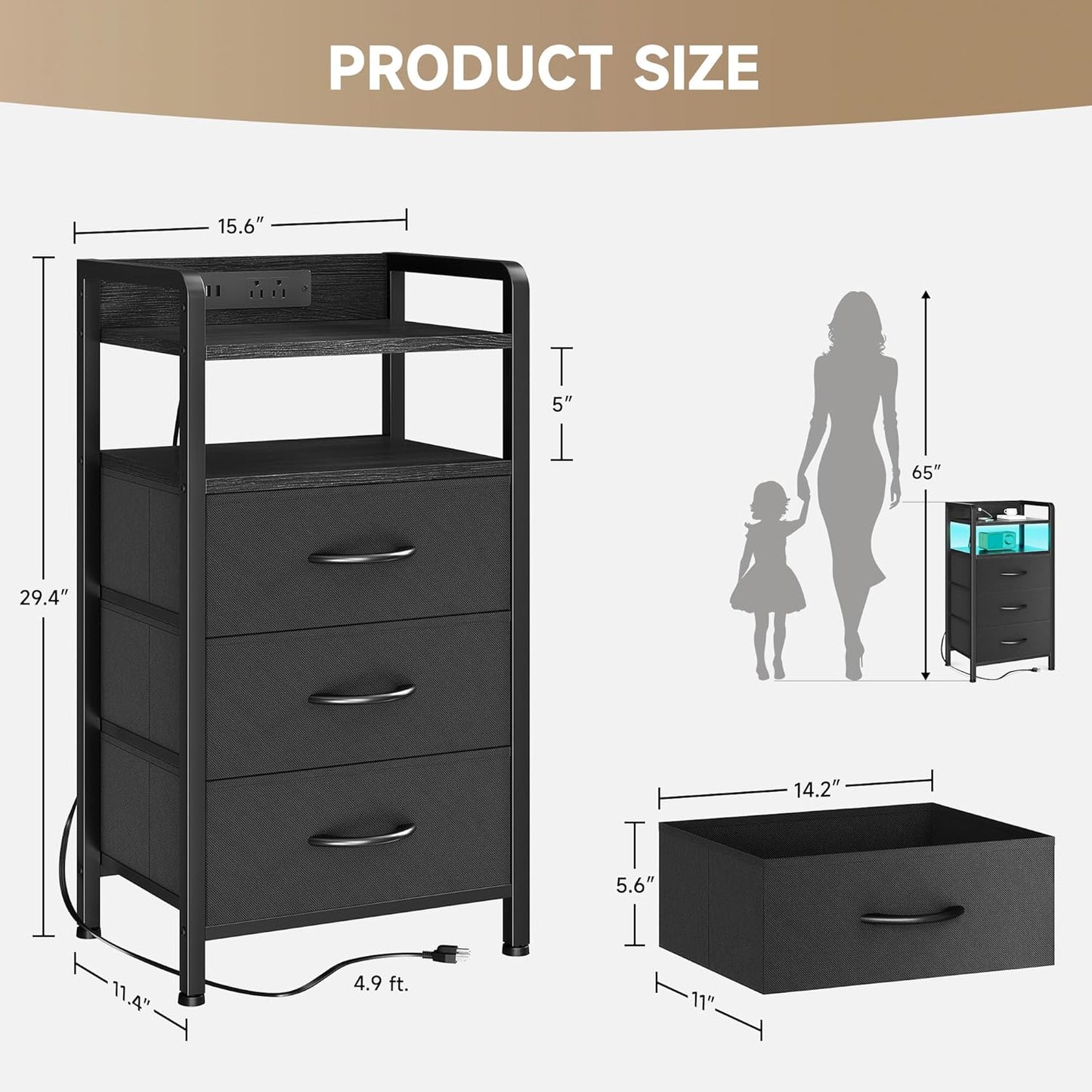 Night Stand Bedside Charger Bedroom - Nightstand with Charging Station & LED Light Strip, Night Stand with Storage Shelf & 3 Fabric Drawers, Morden End Table with U-S-B Ports & AC Outlets