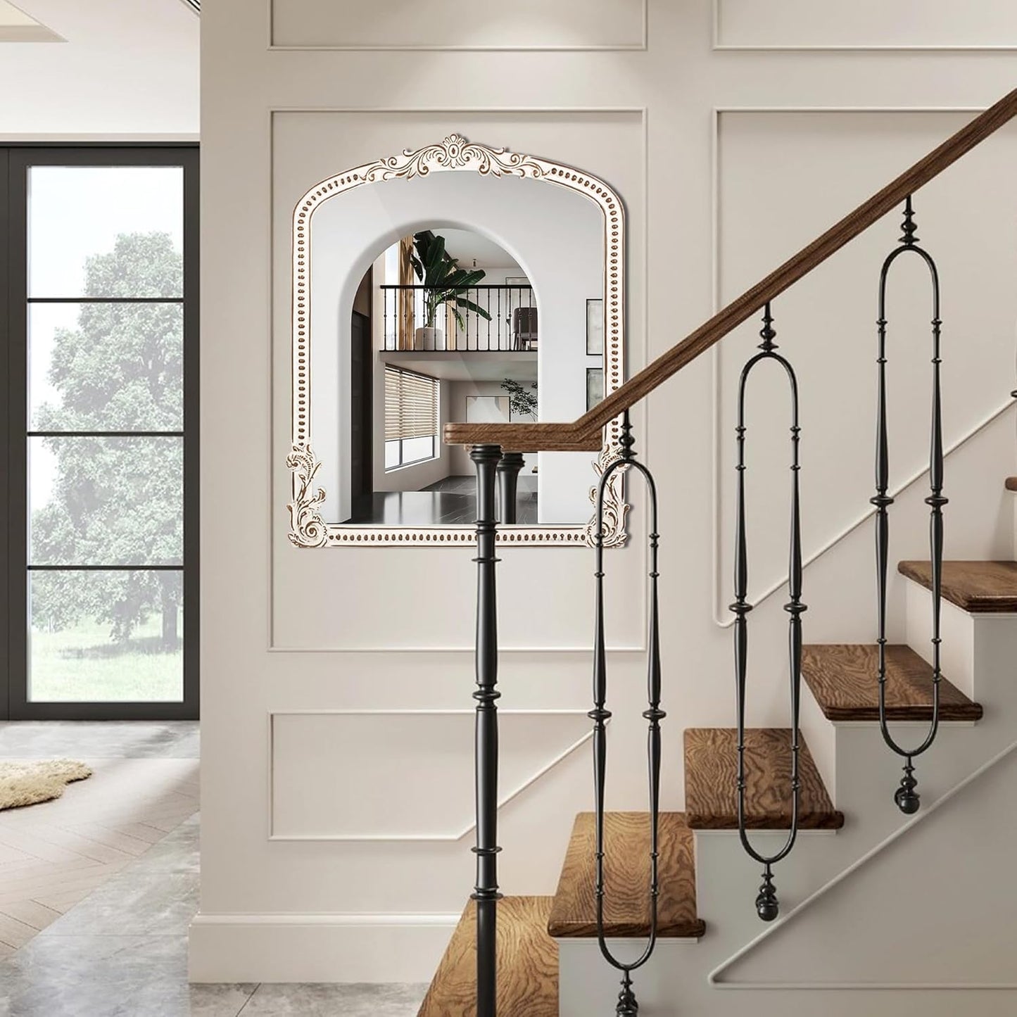 30x35 Inch Baroque Farmhouse Arched Wall Mirror Wooden, Rustic Distressed Decorative Mirrors for Fireplace, Living Room, Bedroom, Entryway, Bathroom