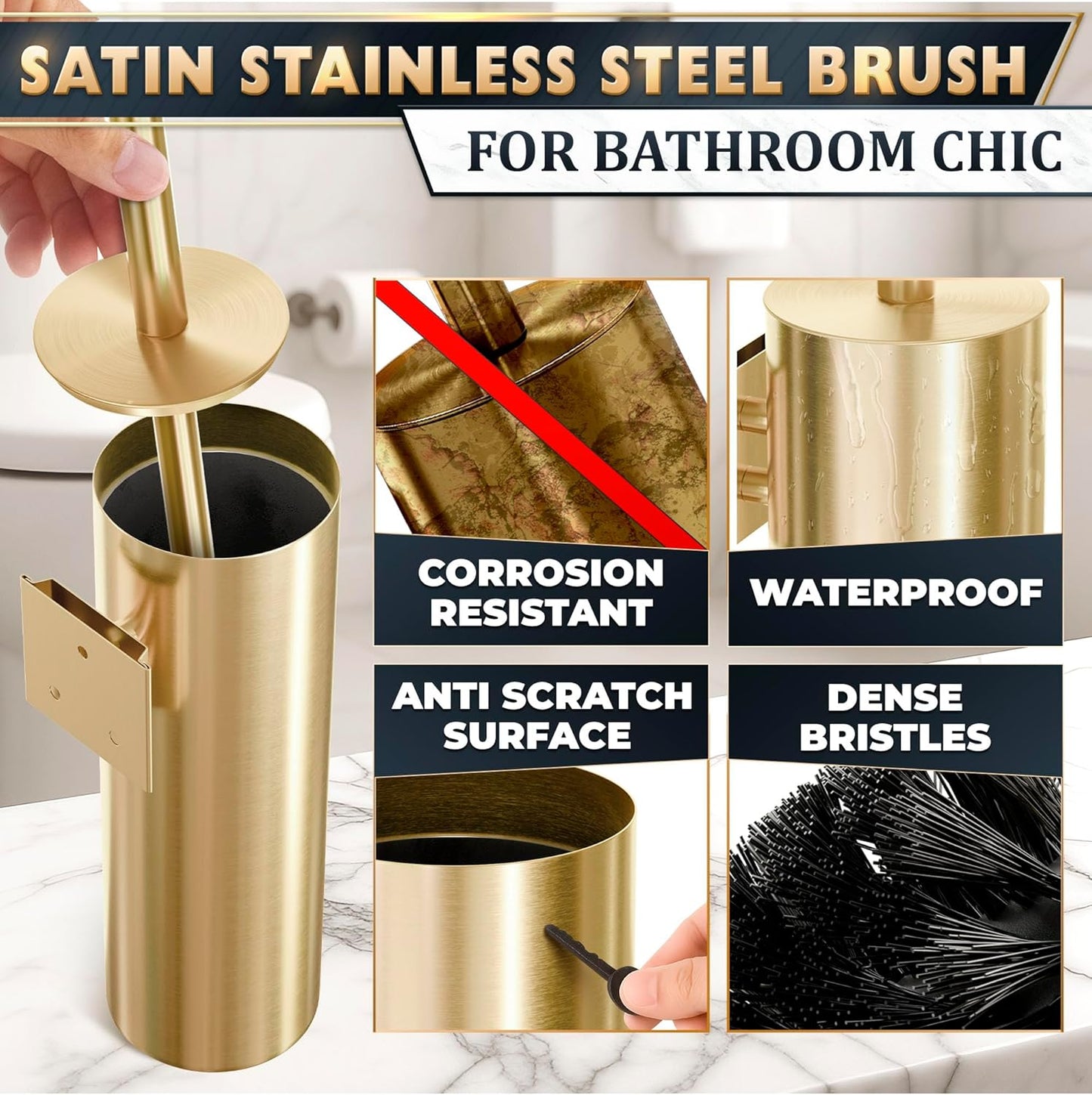 Gold Toilet Brush and Holder Set with Wall Mount - Modern Wall Mounted Toilet Brush Made from Corrosion-Resistant Stainless Steel - Removable Inner Bowl, Splash Protection & Dense Bristles Supplied