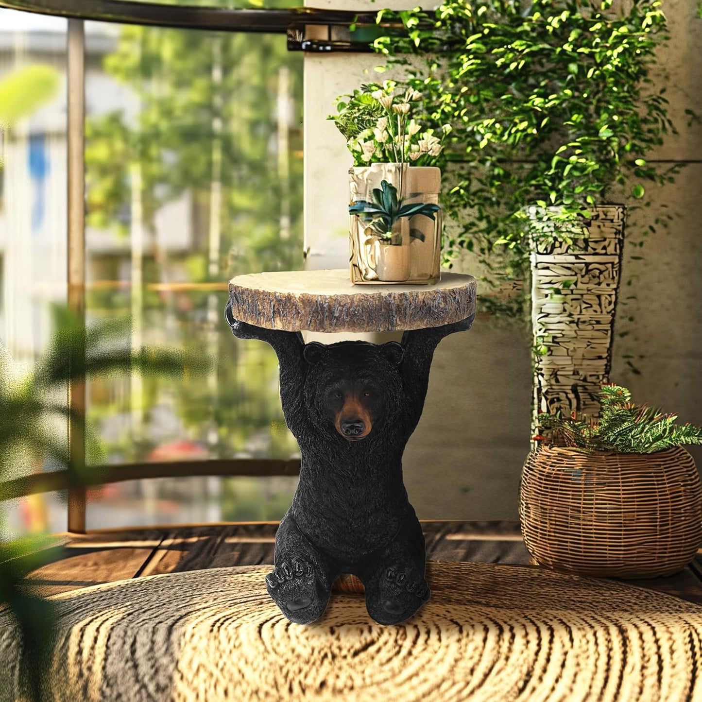 American Black Bear Side Table Pedestal End Table Stool Resin Bear Statue Hand Painted Sculpture Home Office Living Room Decor